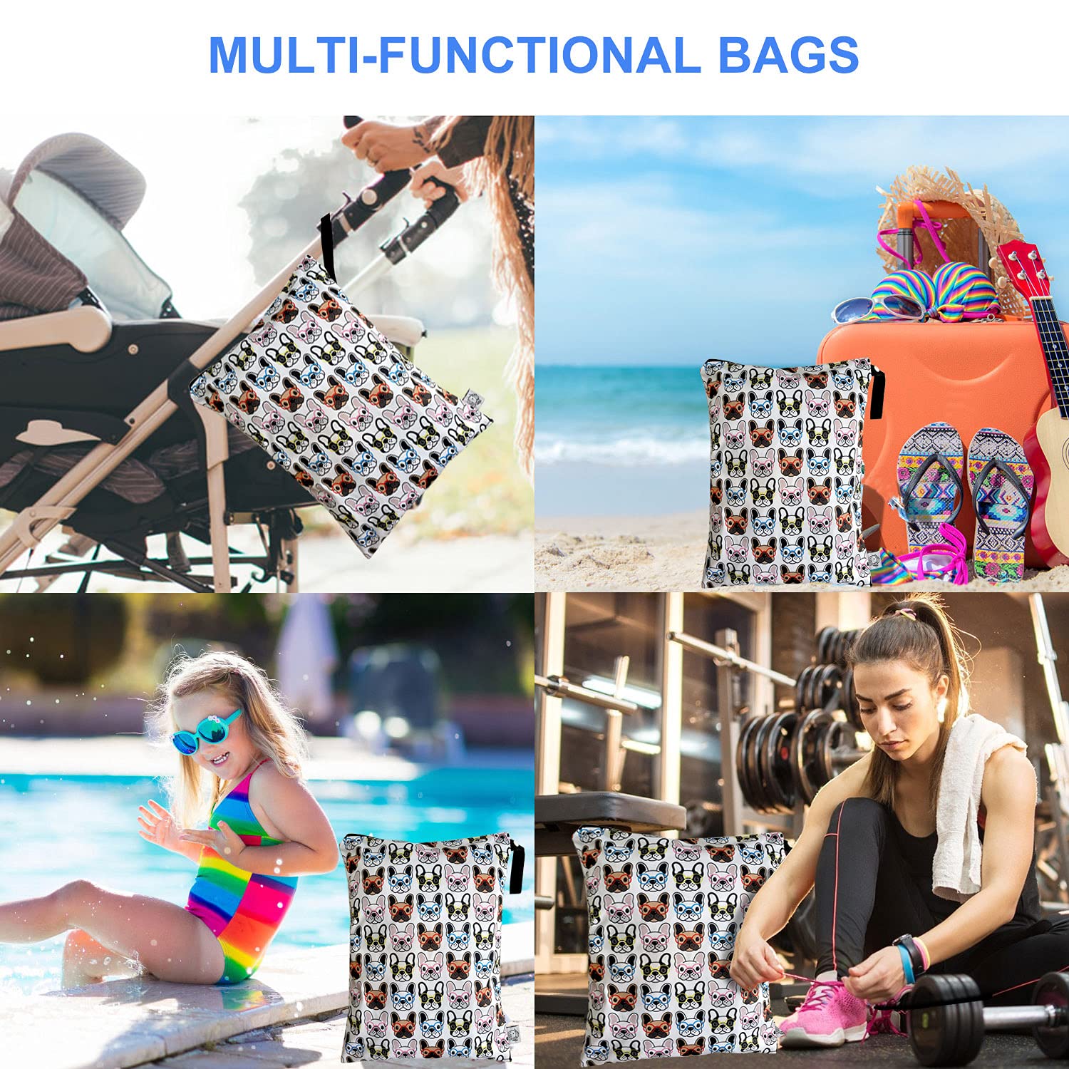 FLOCK THREE Washable Reusable Wet Bag - Waterproof Diaper Bag, Swim Bag, Travel Toiletries Pouch with Zipper (12.6