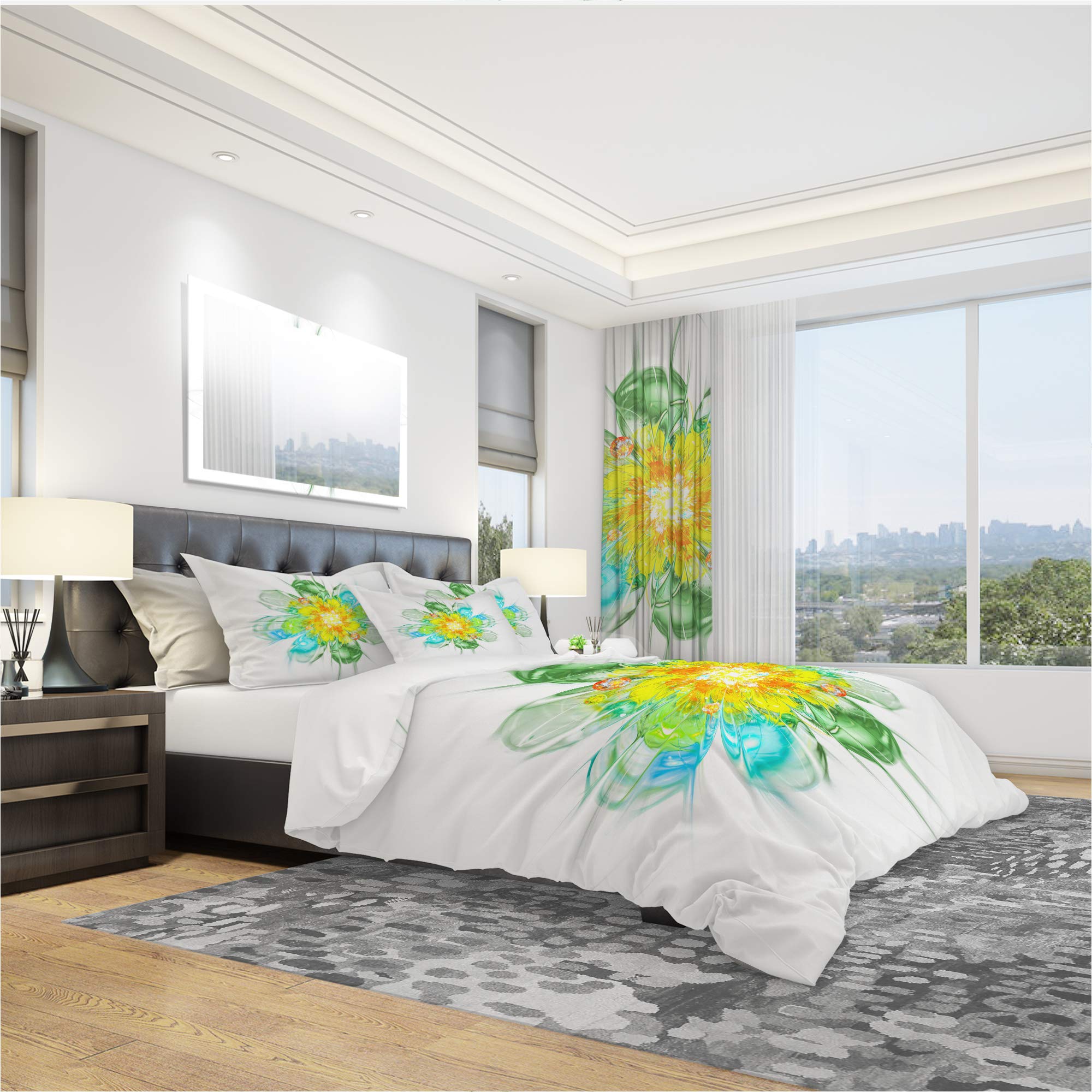 DesignQ Blue & Yellow Glowing Fractal Flower Duvet Cover Set King Size - 3 Piece Modern Floral Bedding Set for All Seasons | Contemporary Bedroom Decor for Master & Guest Rooms
