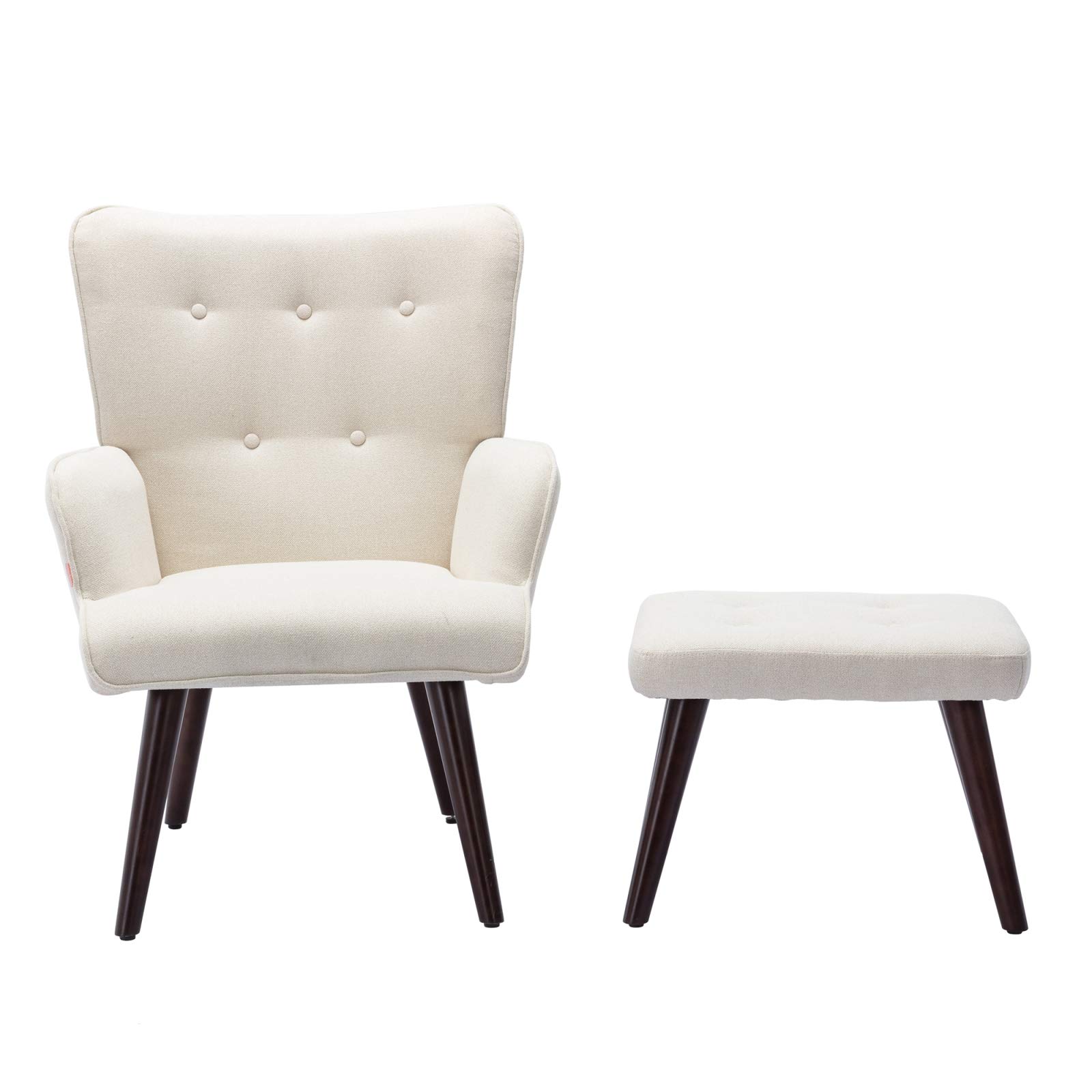 Takefuns Modern Lounge Chair with Ottoman Set - Solid Beige Upholstered Fabric Linen Armchair for Living Room, Bedroom & Home Office - Comfortable Leisure Chair with Footrest for Reading, TV Watching & Relaxing