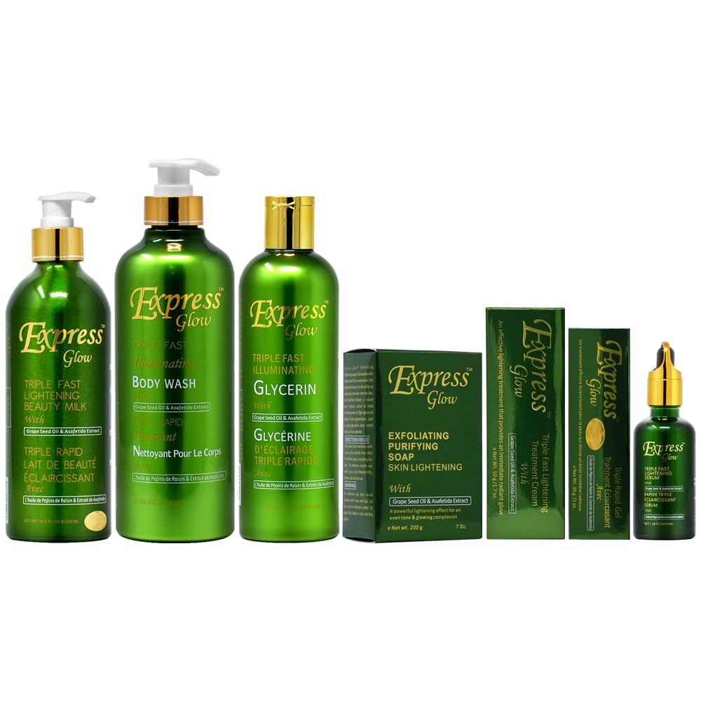 Express Glow Lotion 16.8oz + Body Wash 27oz + Glycerin 16.8oz + Soap 7oz + Gel 1oz + Cream 1.7oz + Serum 1.66oz - Hydrating Skincare Set for Dry Skin, Perfect for Daily Moisturizing & Pampering at Home or Spa