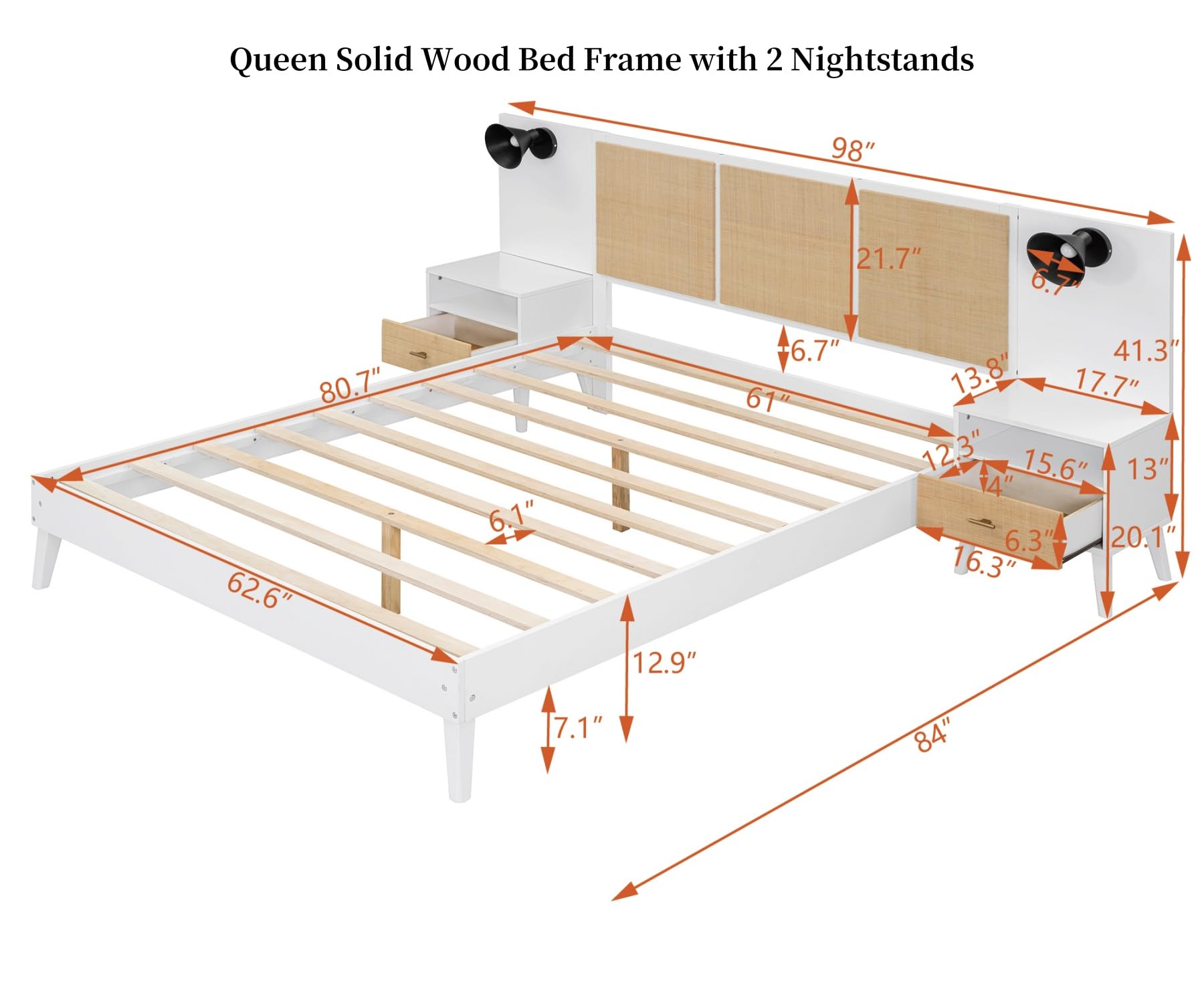 Merax Queen Size Bed Frame with 2 Nightstands & Headboard - Solid Wood & Rattan Platform Bed with Storage Drawers, No Box Spring Needed (White) - Perfect for Modern Bedroom, Guest Room or Small Space