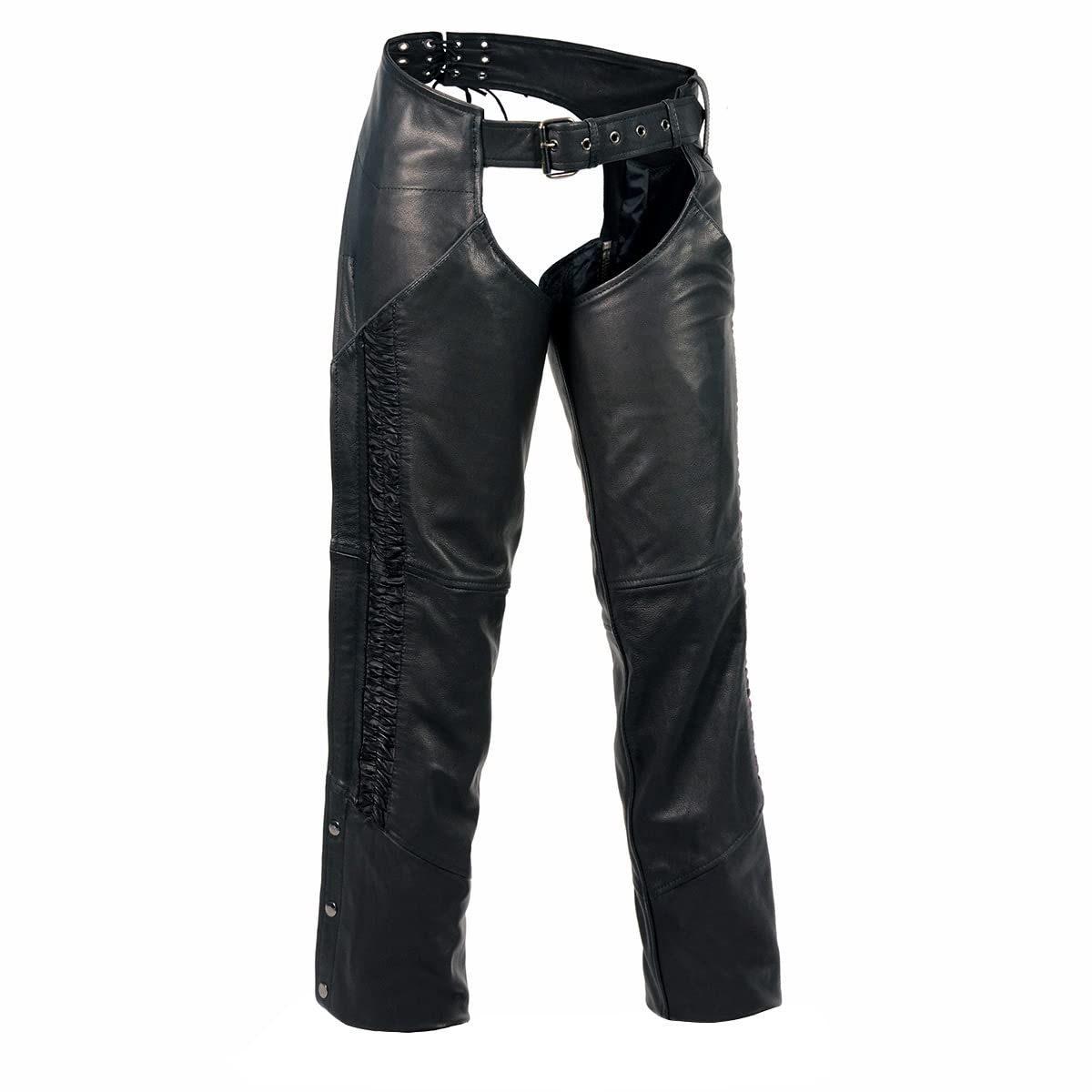 Milwaukee Leather MLL6500 Women's Black Leather Motorcycle Chaps with Crinkled Leg Striping - Stylish & Protective Riding Gear for Harley Davidson & Cruiser Bikes