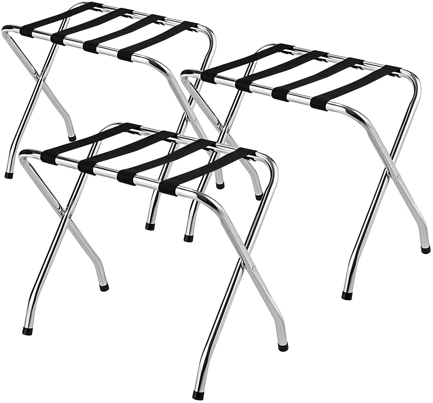 Foldable Chrome Metal Luggage Rack with Nylon Straps - No Assembly Required Suitcase Holder for Bedroom, Guest Room & Hotels | Space-Saving Storage Solution for Travel Bags & Suitcases