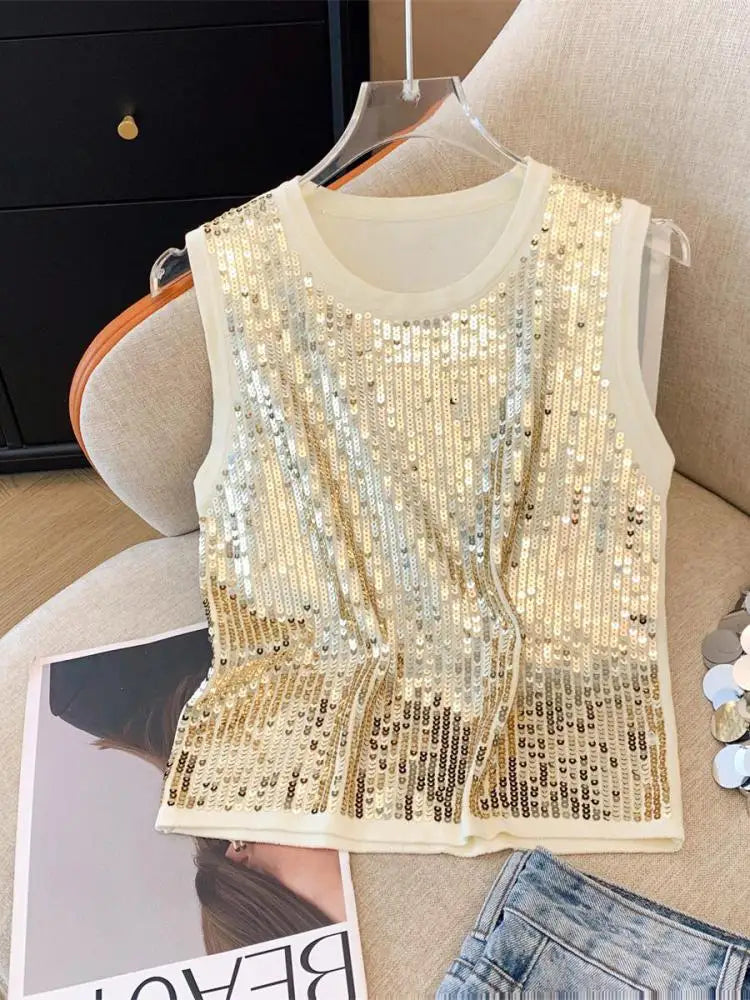 Elegant Black & Beige Sequin Knitted Sleeveless Top for Women - 2024 Summer Retro Y2K Fashion Vest | Perfect for Vacation, Parties & Night Out