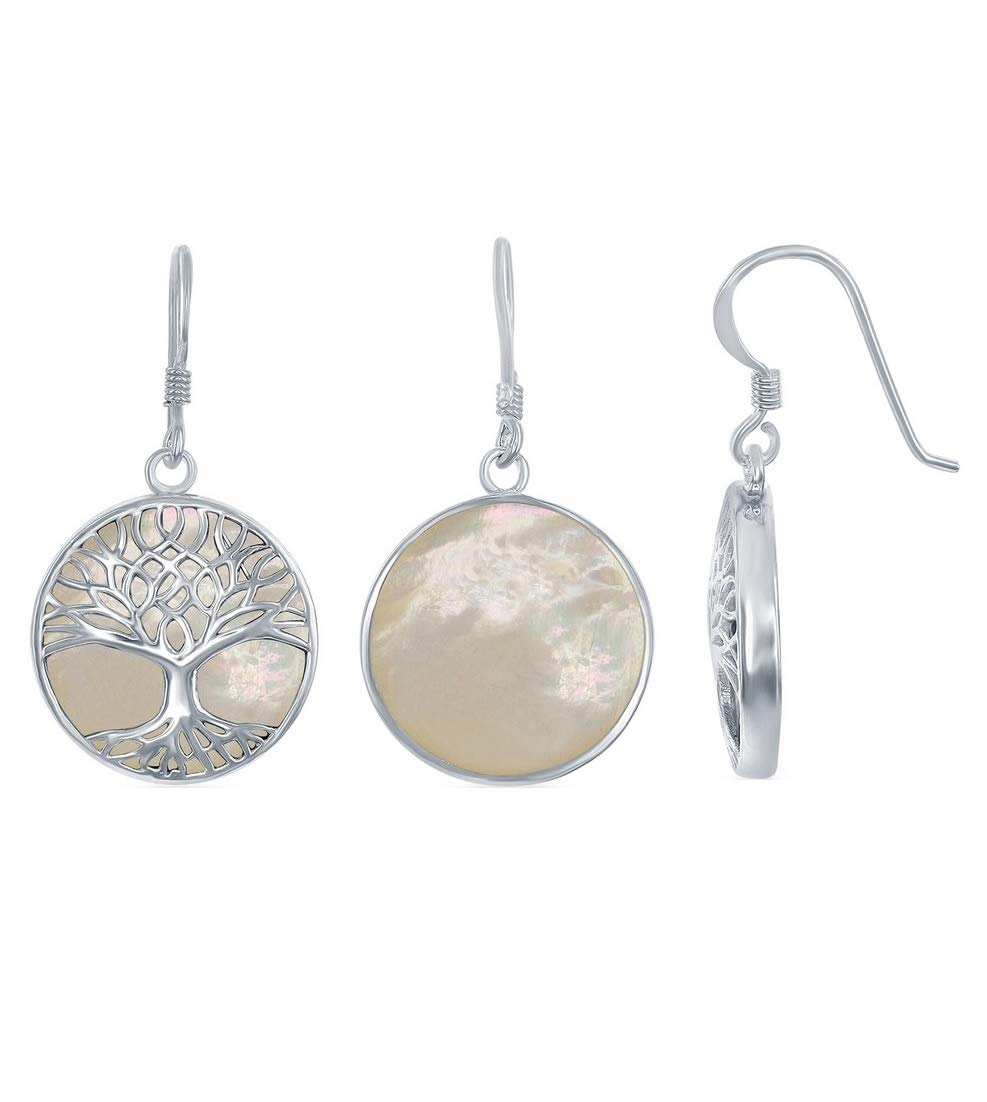 Silver Roots Round White Mother of Pearl Tree of Life Sterling Silver French Wire Dangling Earrings - Elegant Jewelry for Women, Perfect for Weddings, Parties & Everyday Wear