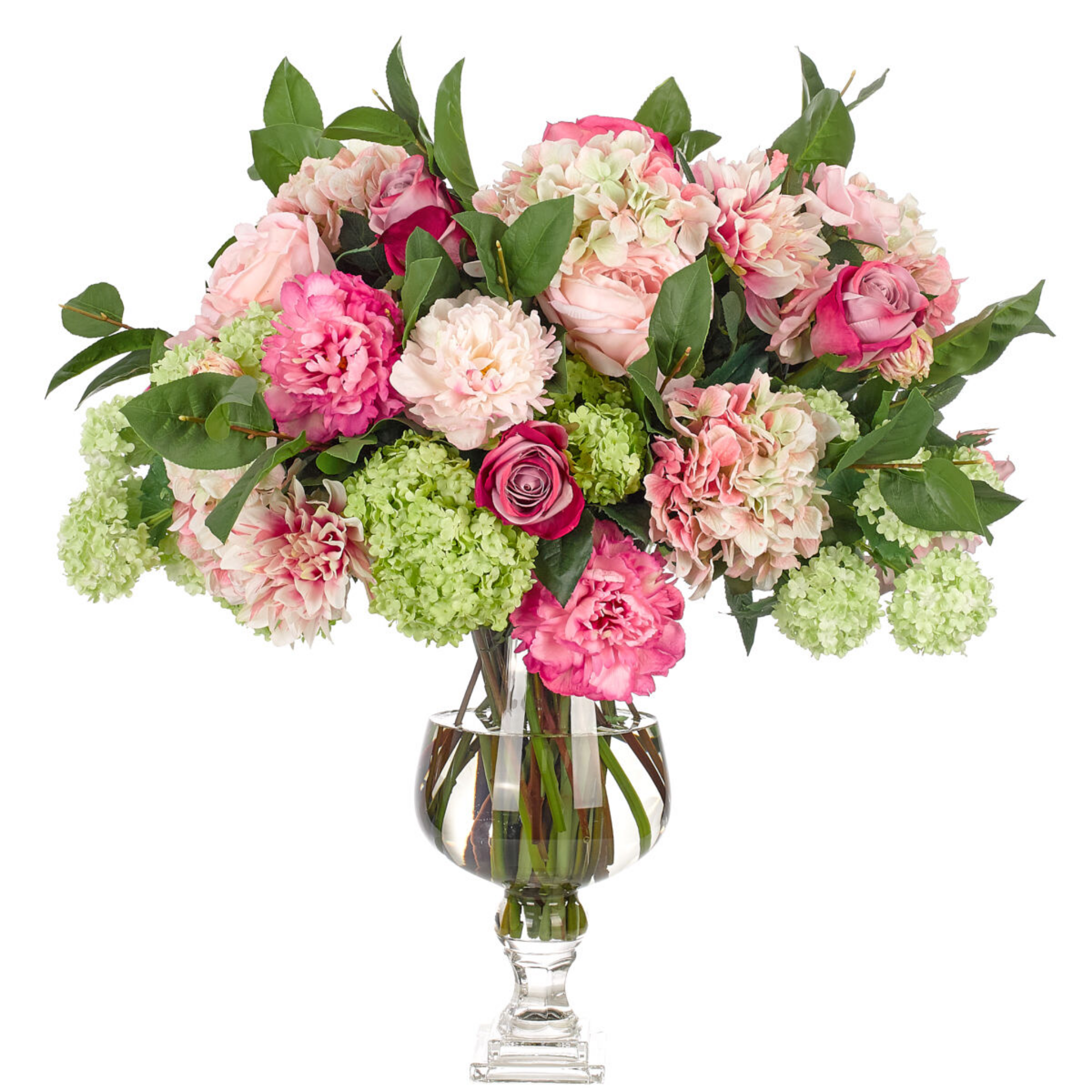 32 Faux Pink Roses & Snowball Hydrangeas in Glass Vase - Artificial Silk Flower Arrangement for Home Decor, Wedding Centerpiece, Table Decorations, and Office Desk Decor