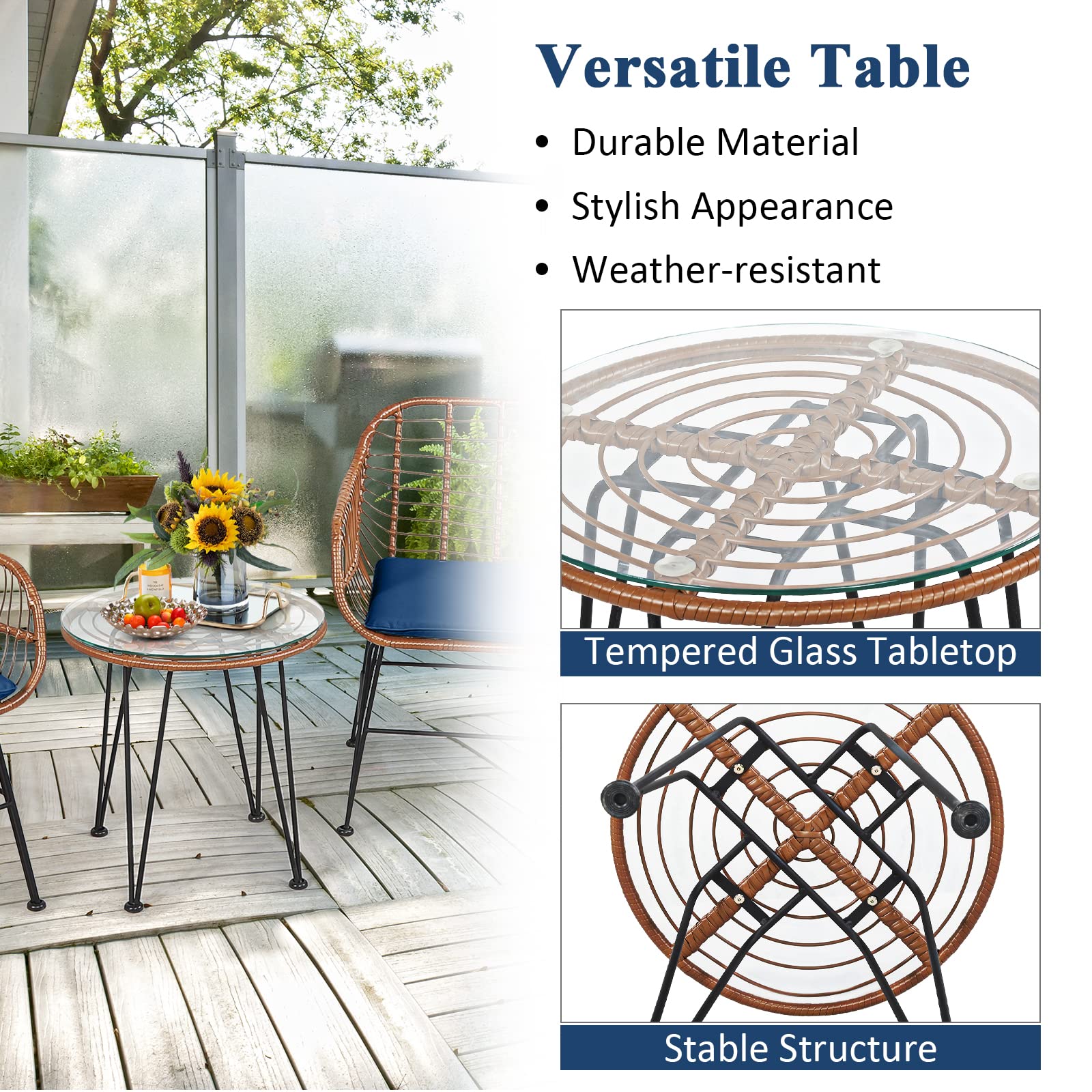 Tangkula 3-Piece Patio Conversation Set - Outdoor Wicker Bistro Furniture with Round Tempered Glass Table & 2 Rattan Armchairs, Includes Cushions - Perfect for Porch, Backyard, Garden, Poolside & Outdoor Dining