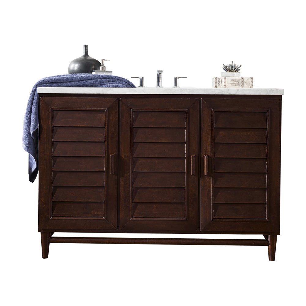 Portland 48 Inch Single Bathroom Vanity with Burnished Mahogany Finish & 3CM Carrara Marble Top - Perfect for Modern Master Bathroom or Guest Bathroom Renovation