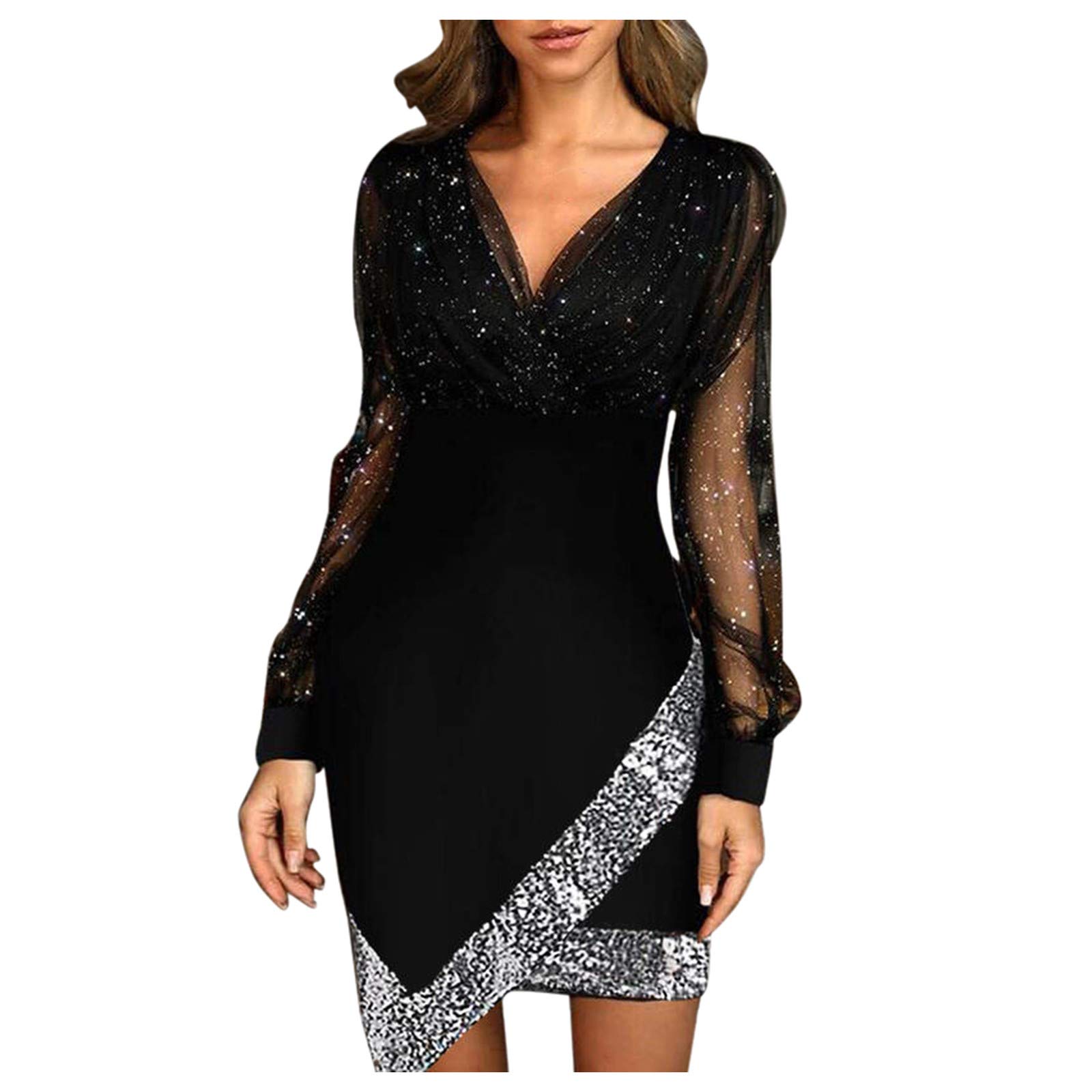 Elegant Women's Long Sleeve Sequin A-Line Party Dress for Wedding Guest - Formal Evening Gown with Solid Sparkle Design - Perfect for Bridal Showers, Cocktail Parties & Holiday Events