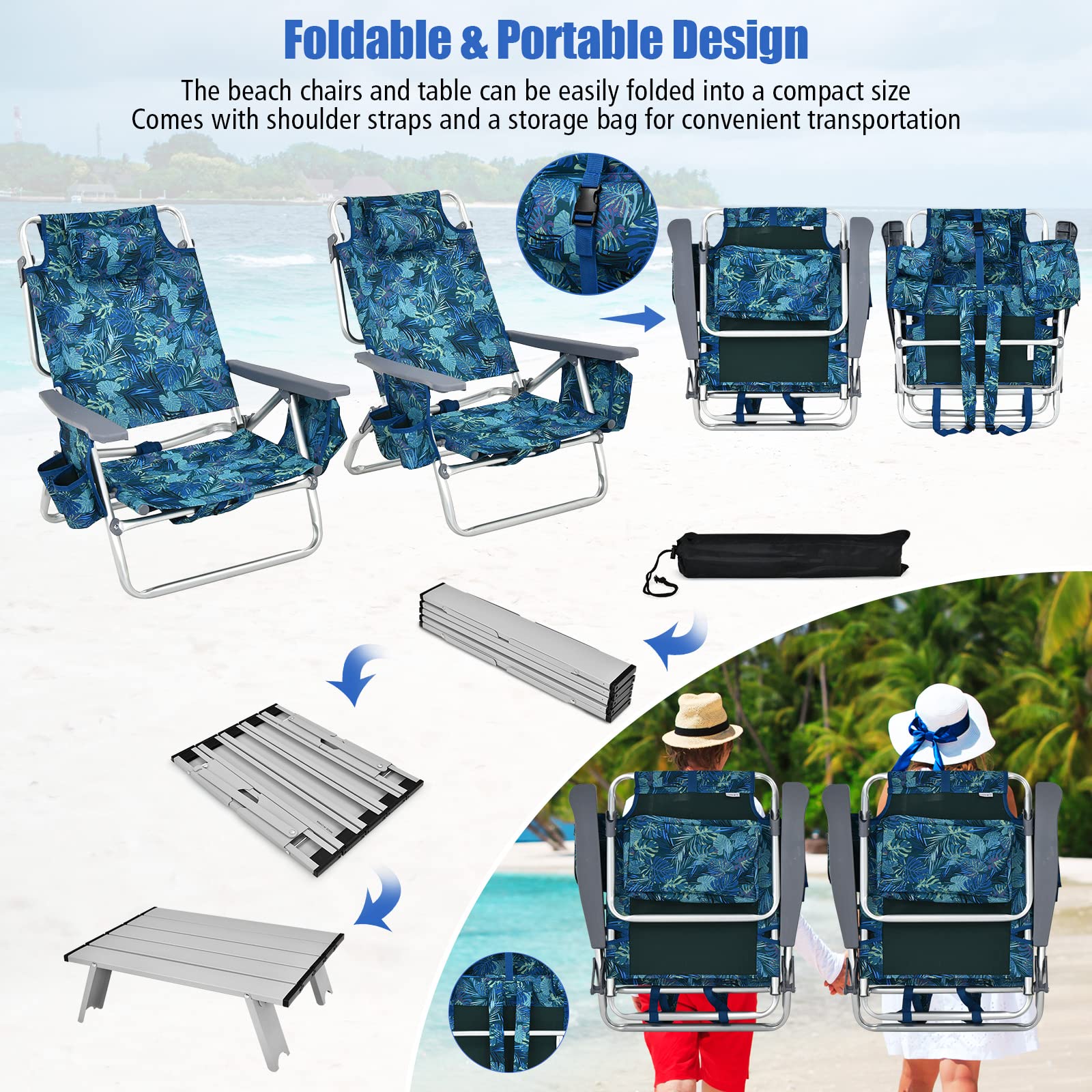 **Tangkula 5-Position Adjustable Beach Chair with Built-in Table & Cooler Bag - Lightweight Folding Backpack Chair with 2 Cup Holders & Towel Bar - Perfect for Beach, Camping, Picnics & Outdoor Relaxation (Navy)**