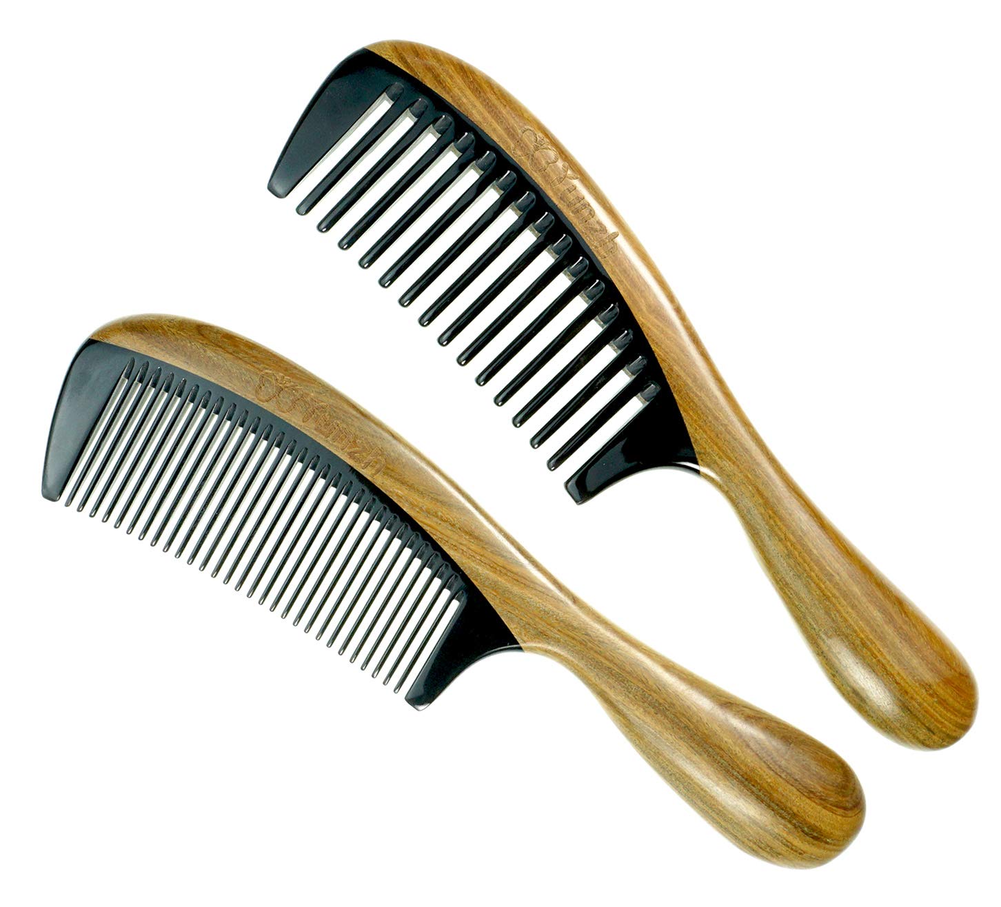 Premium Sandalwood & Buffalo Horn Wooden Hair Comb Set - Wide & Fine Tooth Combs for Women & Men - Detangling & Styling for All Hair Types - Perfect for Home, Travel & Salon Use