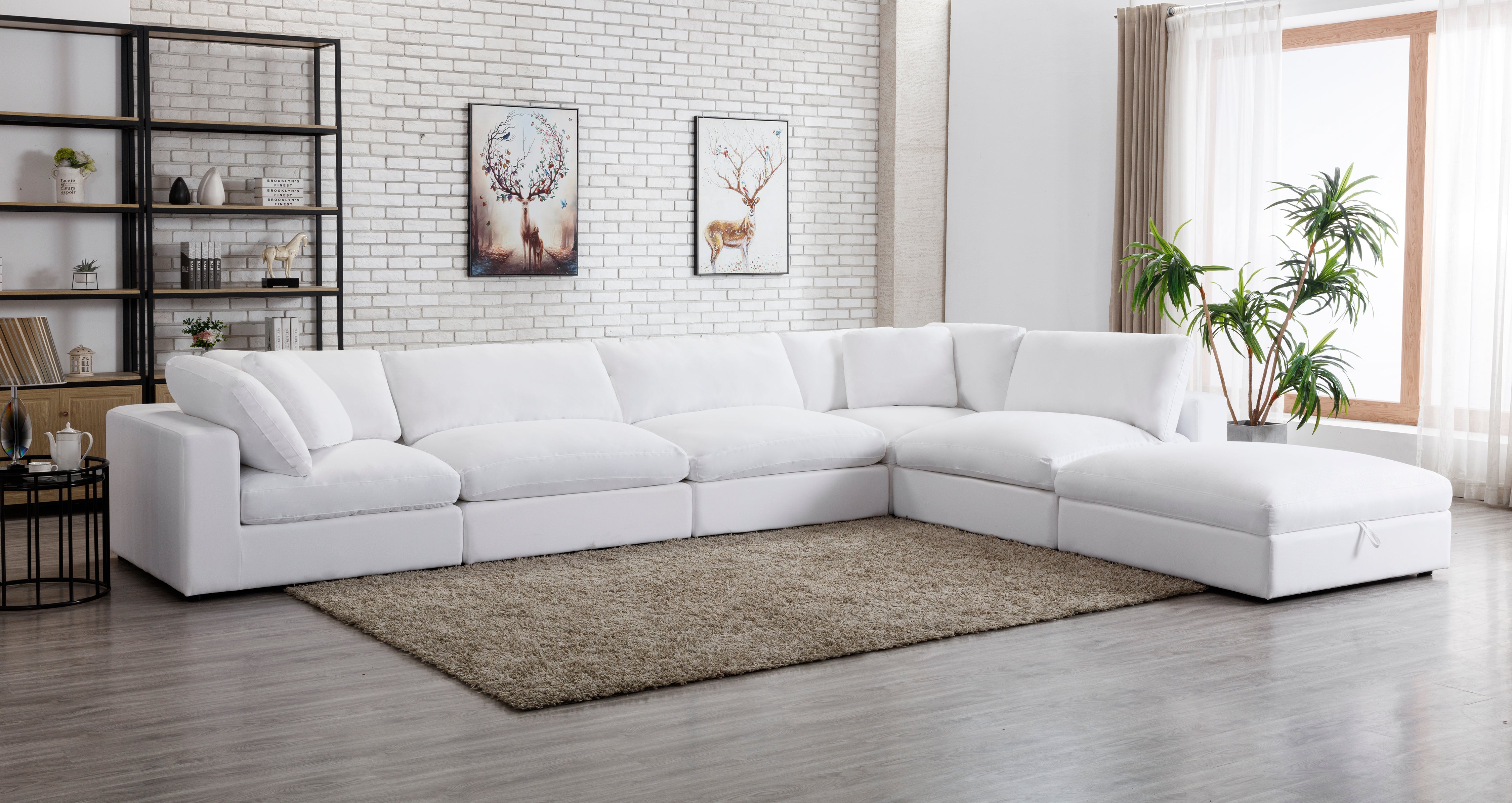 Rivas Contemporary Feather Fill 6-Piece Modular Sectional Sofa with Ottoman in White - Perfect for Living Room, Lounge & Family Gatherings