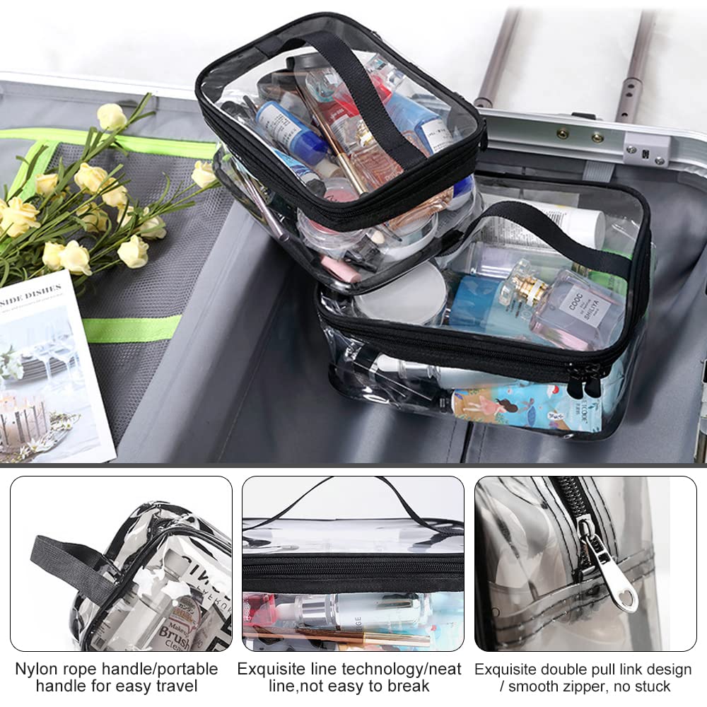 Corsehild 2 Pack Clear Travel Toiletries Bag - Waterproof PVC Cosmetic Makeup Pouch with Zipper for Women & Men - Perfect for Airplane Carry-On, Gym, Beach & Vacation Essentials (Black)