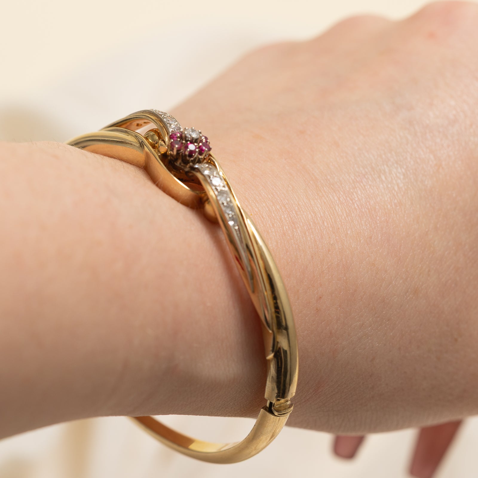 Exquisite Diamond & Ruby Flower Bangle - 0.38ctw Diamonds & 0.25ctw Rubies - 6.5 Inch Adjustable Bracelet - Perfect for Weddings, Anniversaries & Special Occasions