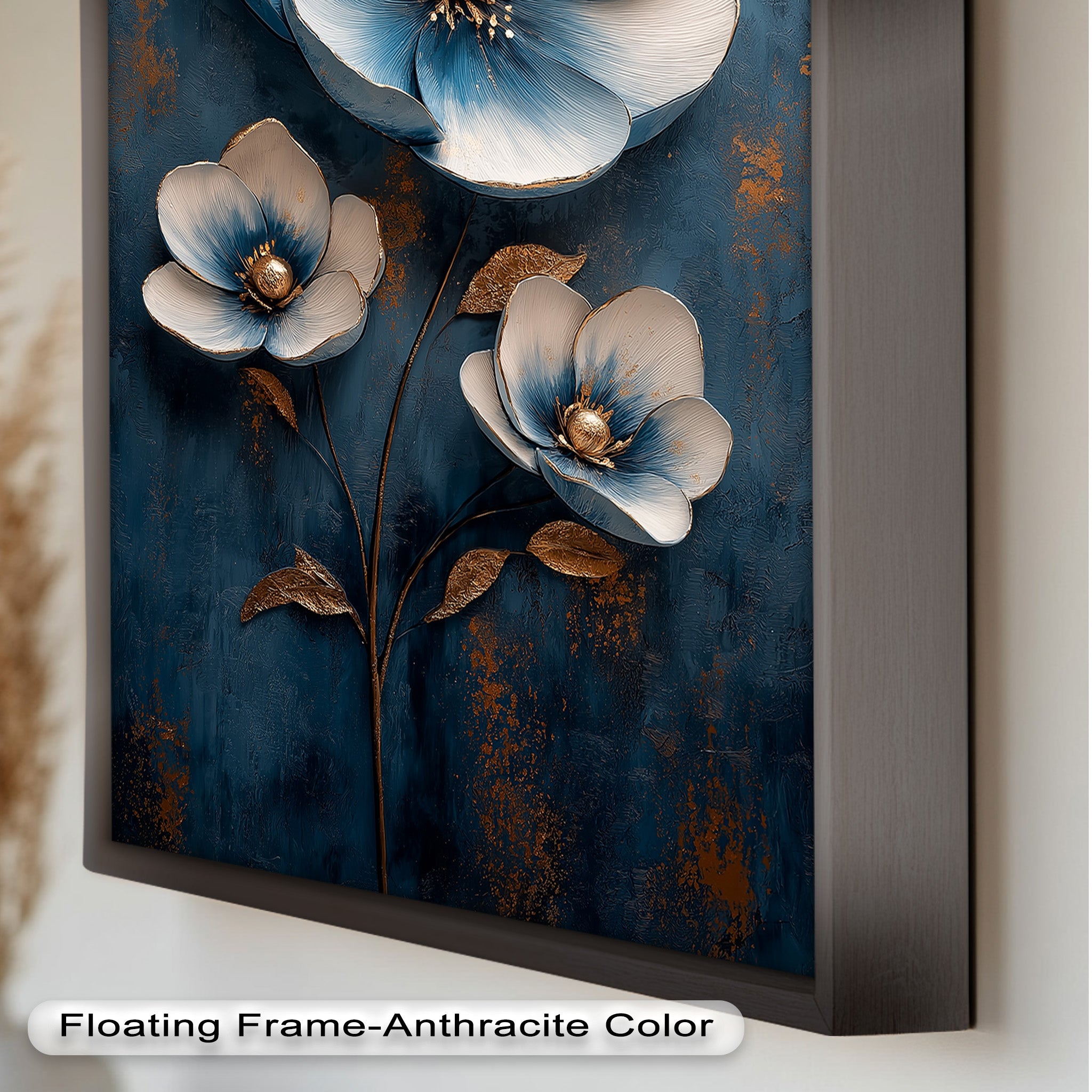 Blue and Gold Flower Modern Oil Painting - Handmade Canvas Wall Art for Living Room, Bedroom & Office Decor