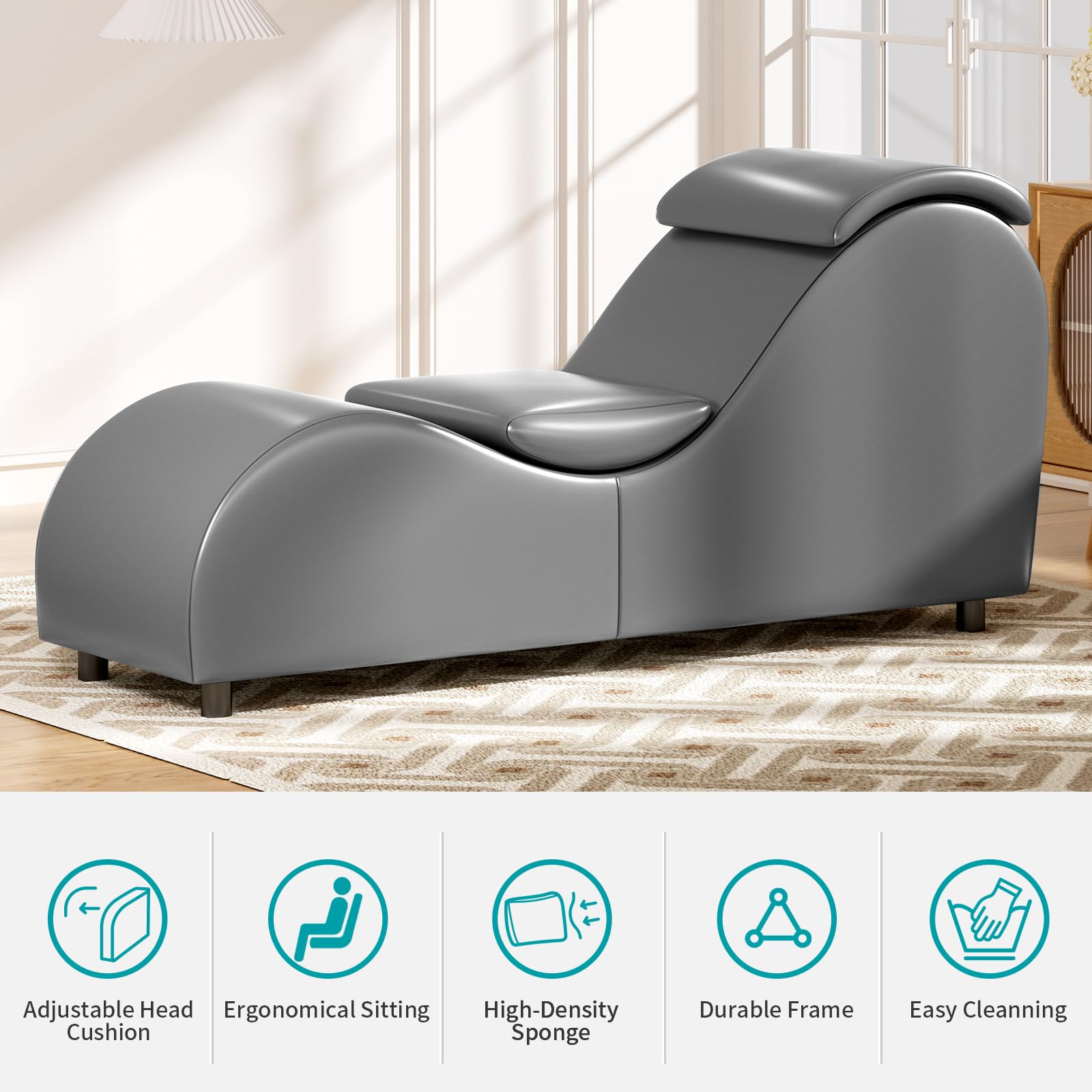 BALUS 60'' Yoga Chaise Lounge Chair for Adults - Faux Leather & Wooden Adjustable Headrest Sofa - Perfect for Stretching, Exercise & Relaxation - Ideal for Living Room, Apartment, Office & Yoga Studio - Dark Grey