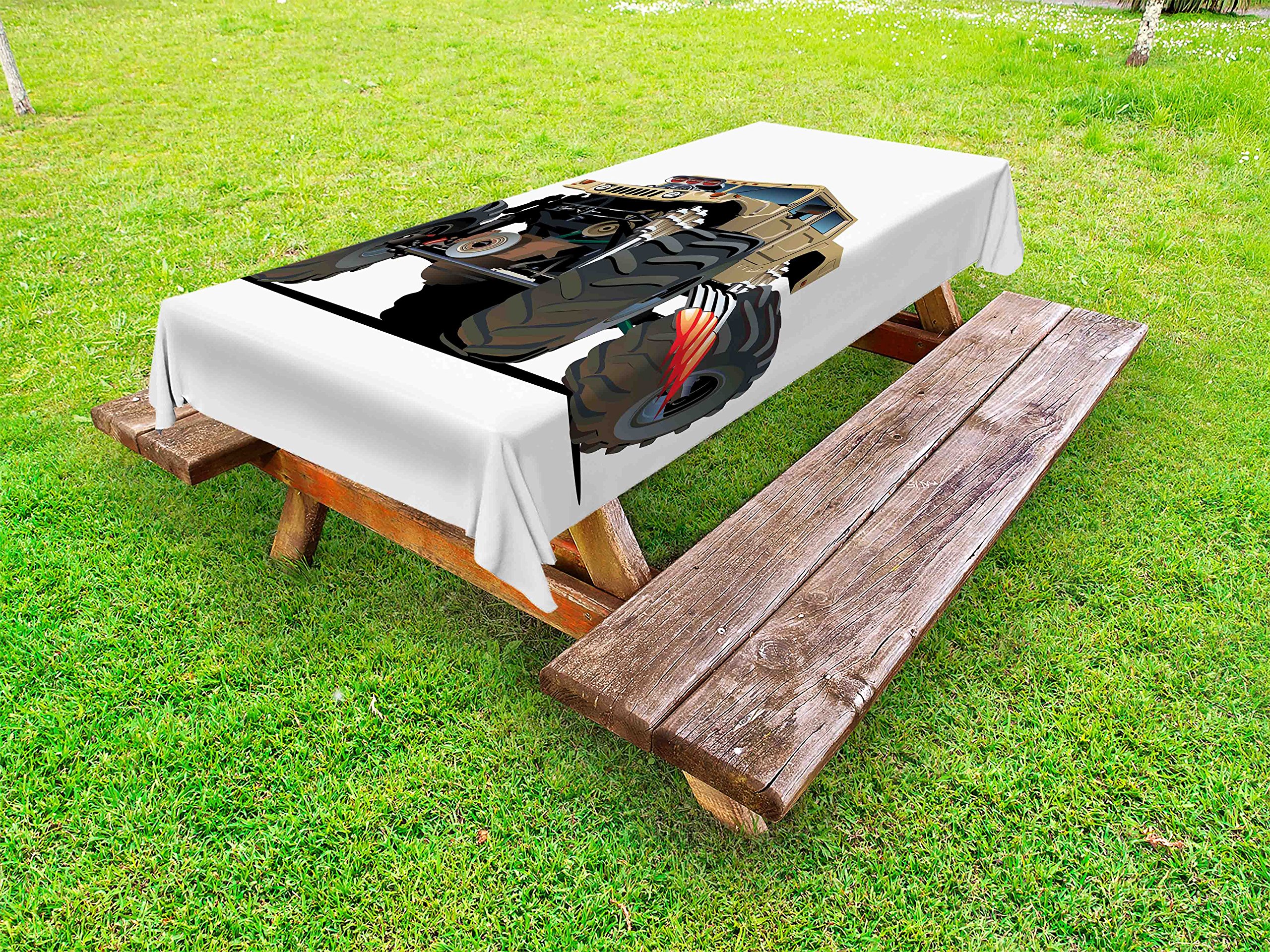 Ambesonne Cars Outdoor Tablecloth - Extra Large Monster Pickup Truck with Oversized Tires Racing Design, Washable Picnic Table Cover 58
