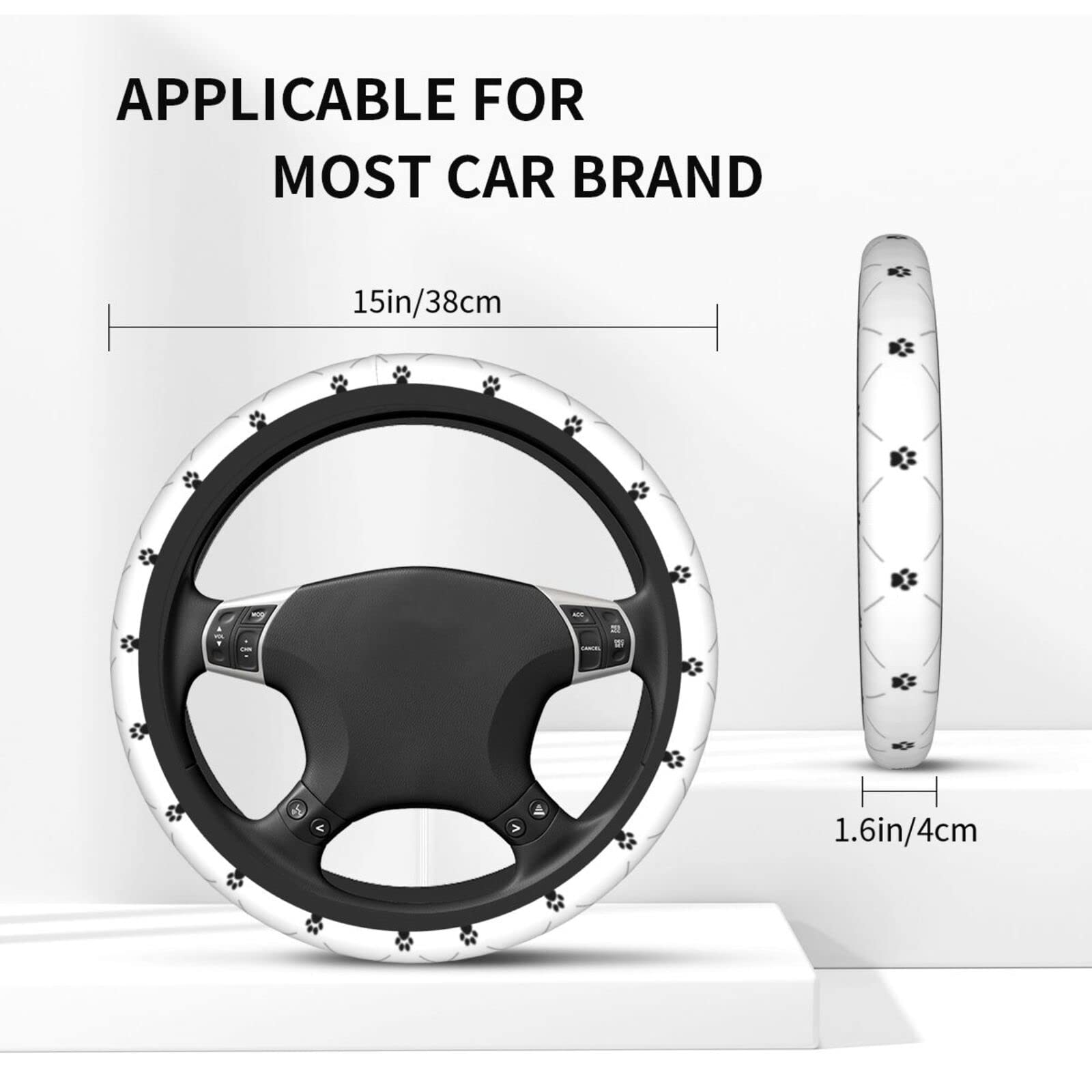Black Cat Paw Print Steering Wheel Cover - Universal 15 Inch Neoprene Car Wheel Protector - Cute Automotive Accessories for Safe Driving & Pet Lovers