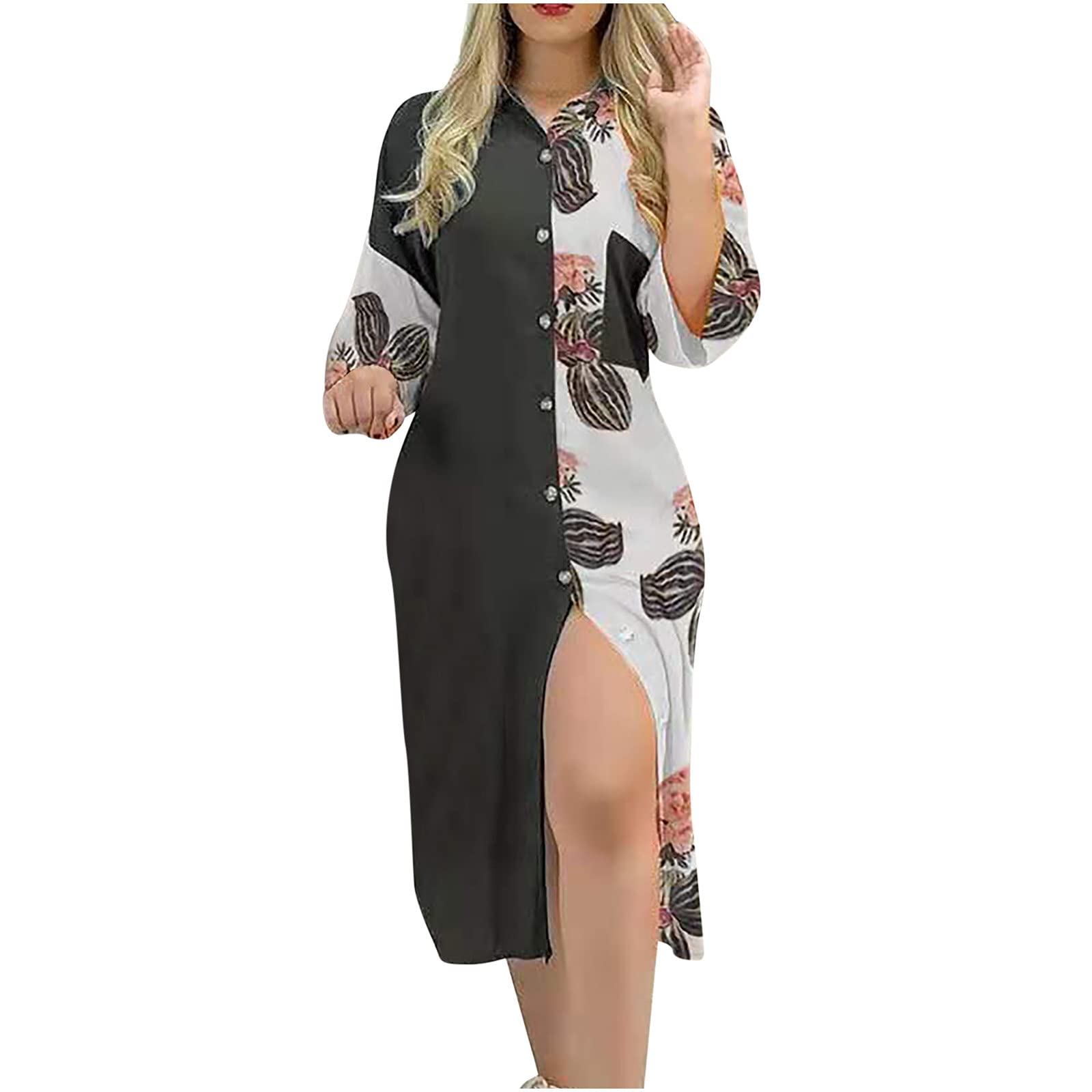 Elegant Women's Long Sleeve V-Neck Button Midi Dress with Pockets & Side Slit - Summer Flowy Dress for Casual Wear, Date Night & Office Outfits