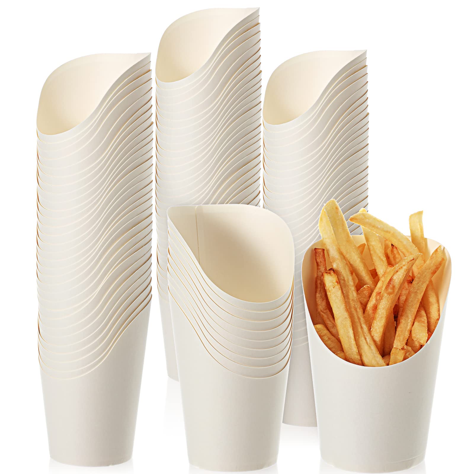 Disposable French Fries Holder 14 oz - 100 Pack White Kraft Paper Cones for Takeout, Parties, Weddings - Perfect for Ice Cream, Popcorn, Waffles & Finger Foods - Eco-Friendly Baking & Catering Supplies