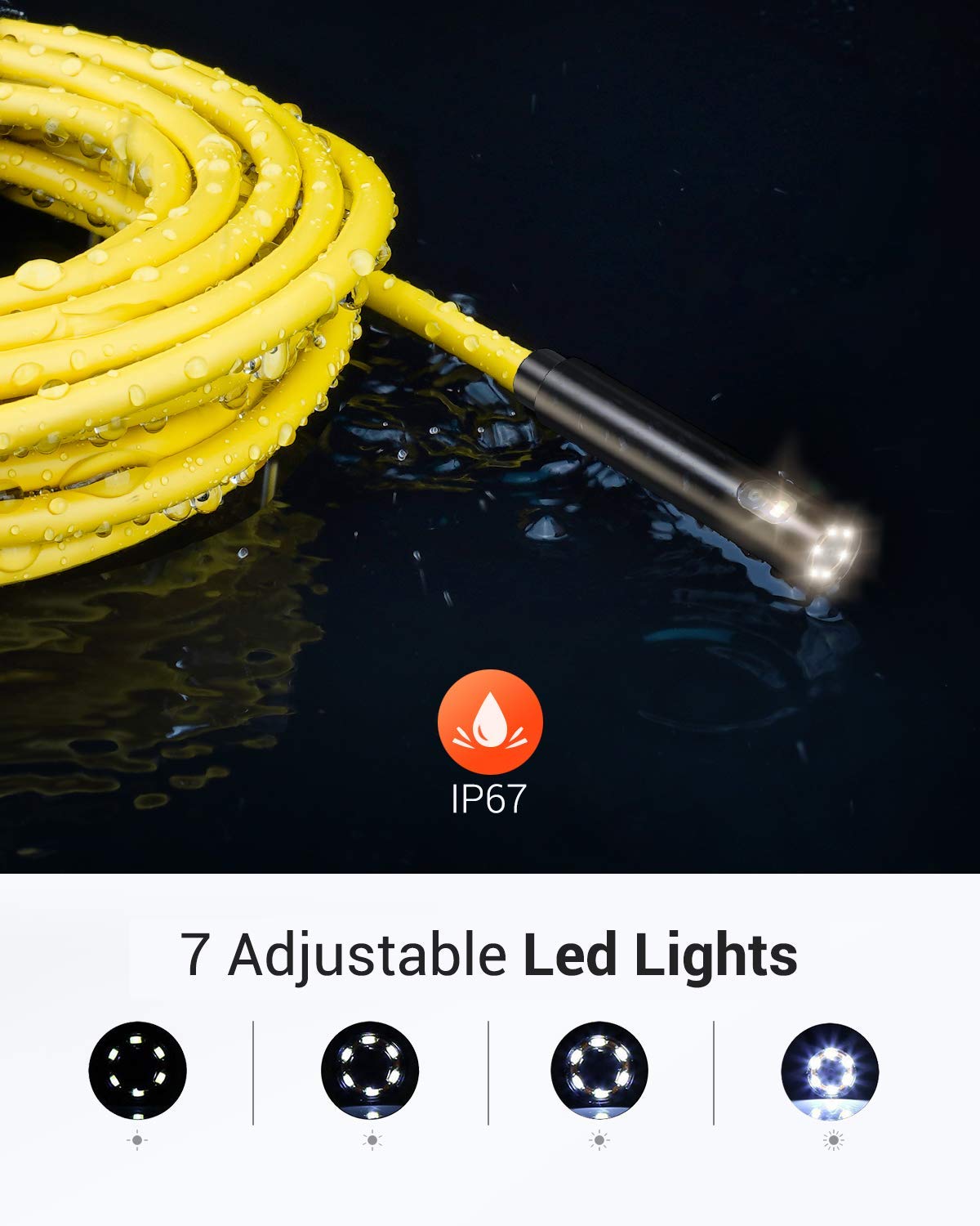 DEPSTECH Dual Lens Wireless Endoscope - 1080P HD Inspection Camera with 7 LED Lights, 0.31In Lens, IP67 Waterproof Borescope, 16.5FT Cable for Android & iOS Devices (Yellow) - Perfect for Plumbing, HVAC, Automotive & Home Inspection