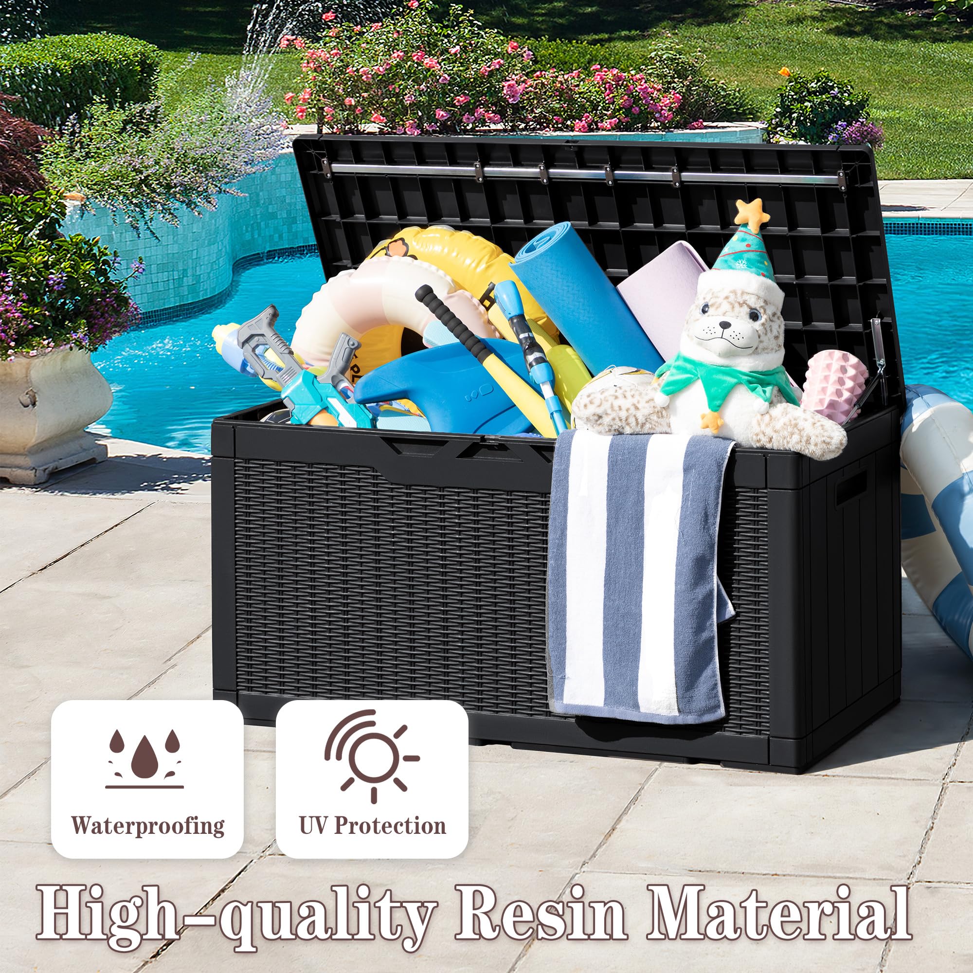 Greesum 100 Gallon Resin Deck Box - Large Outdoor Storage Bench with Cushions for Garden Tools, Patio Furniture, Pool Supplies (Black) - Perfect for Backyard, Deck, and Poolside Organization