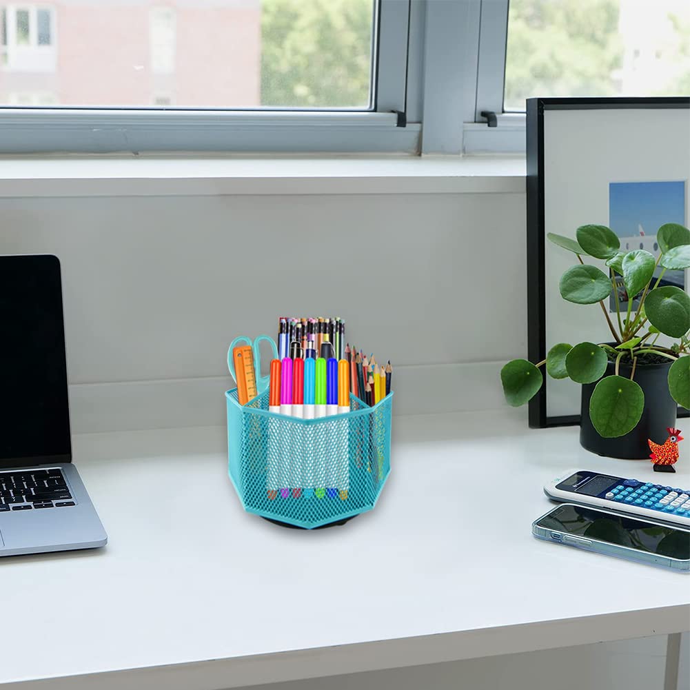 360° Rotating Pencil Holder with 5 Compartments & 10 Clips - Mesh Desk Organizer for Pens, Stationery & Office Supplies - Perfect for Home Office, School & Workspace Organization (Blue)