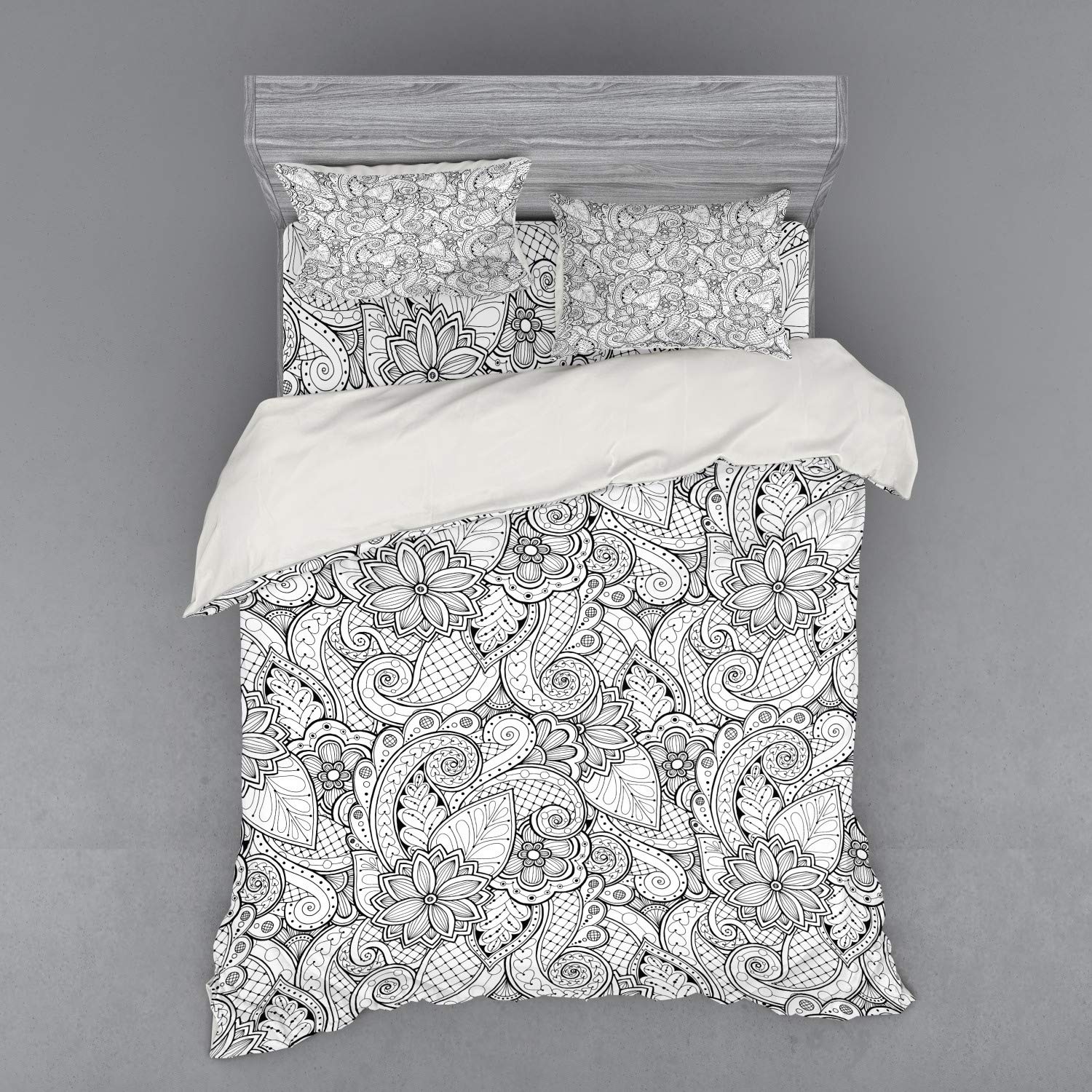 Ambesonne Ethnic Duvet Cover Set - Queen Size 4-Piece Bedding with Monochrome Floral, Hearts & Paisley Nature Design | Includes Duvet Cover, 2 Pillow Shams & Fitted Sheet | Perfect for Bohemian, Vintage & Modern Bedrooms (Black & White)