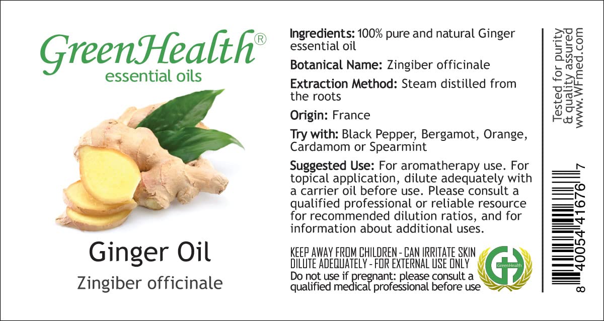 100% Pure Ginger Essential Oil - 2 fl oz (59 ml) Glass Bottle with Cap - Aromatherapy, Massage & DIY Skincare - GreenHealth