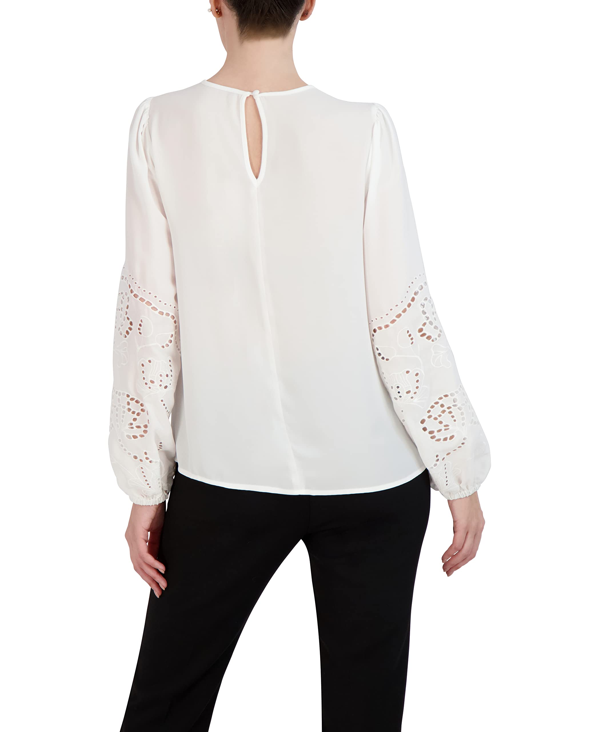 BCBGMAXAZRIA Women's Embroidered Keyhole Blouse Long Sleeve Top - Elegant Floral Design for Office, Party & Special Occasions