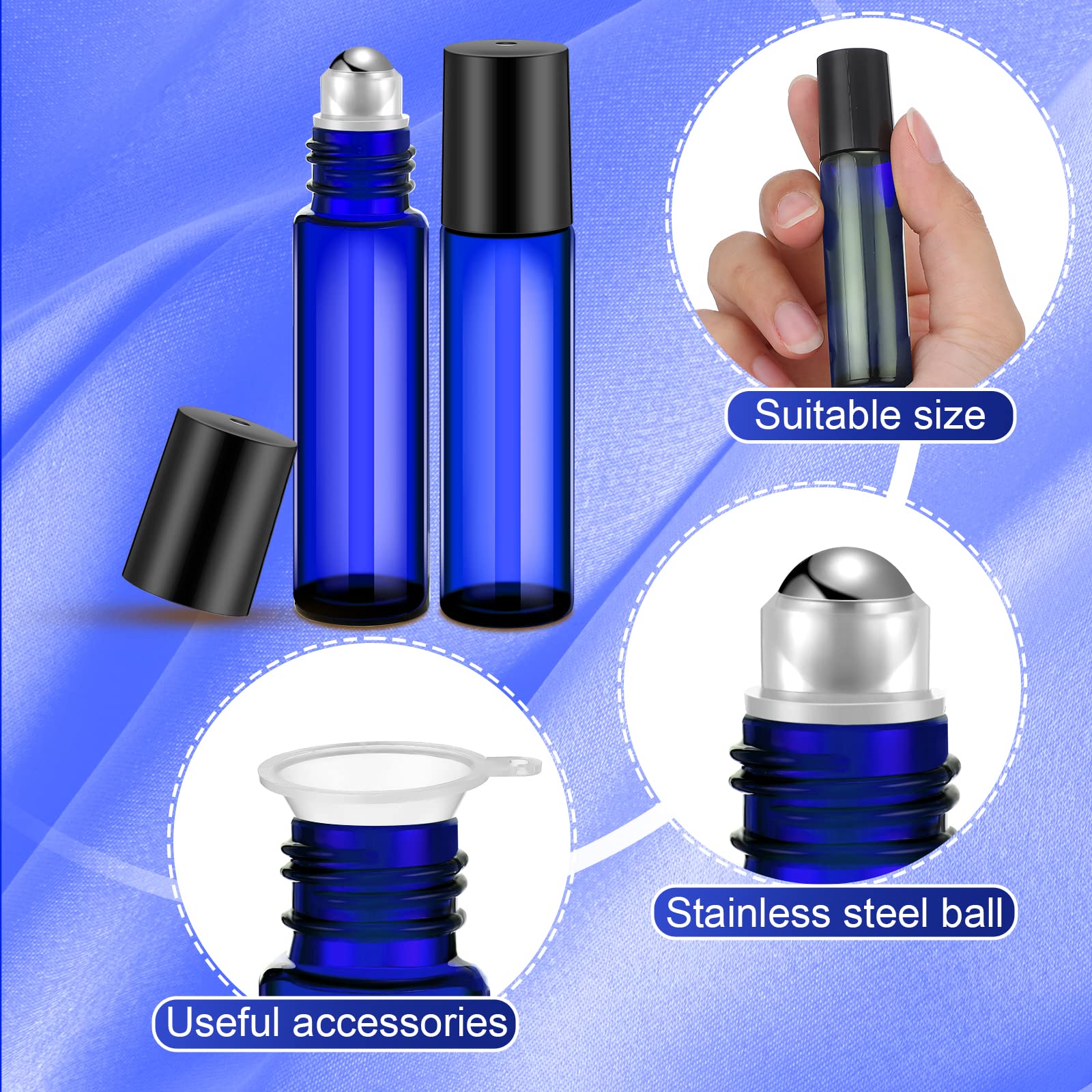 Sumind 250 Pcs 10ml Essential Oil Roller Bottles - Empty Glass Roll-On Bottles with Stainless Steel Balls, Leakproof Design, Includes 5 Funnels for DIY Perfume & Aromatherapy (Blue) - Perfect for Travel, Home Use & Gift Giving