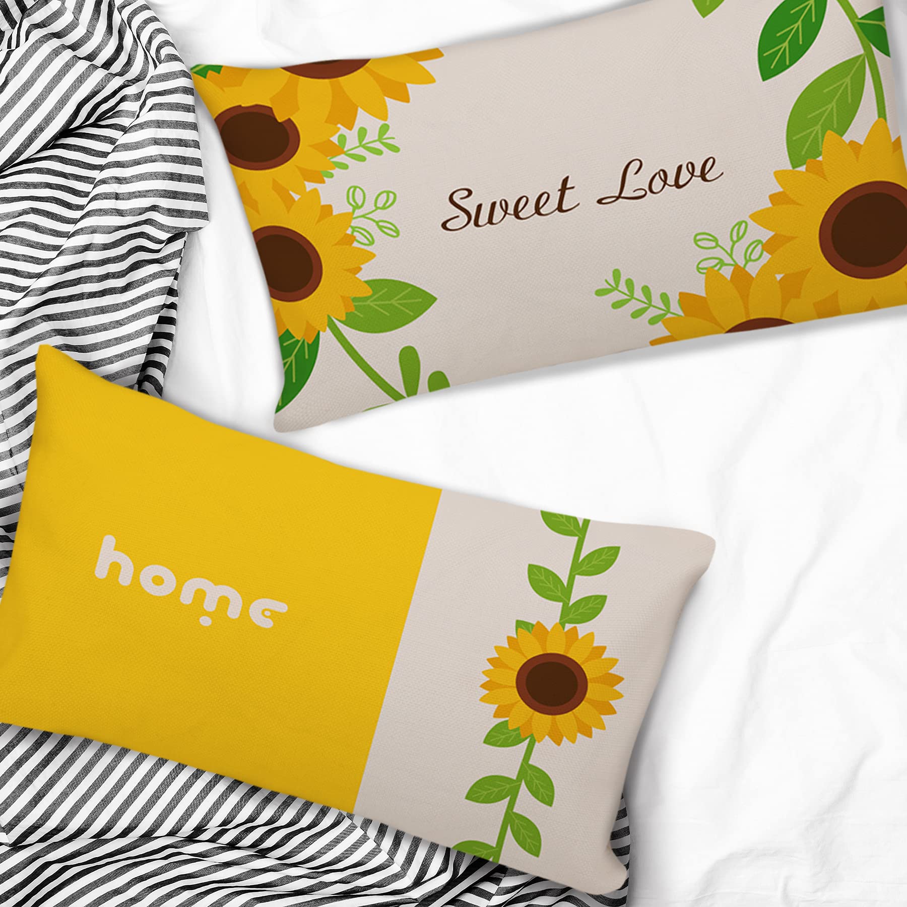 Premium Cotton & Linen Sunflower Pillow Covers Set of 2 (12x20 Inch) - Bohemian Home Decor for Sofa, Bedroom & Living Room