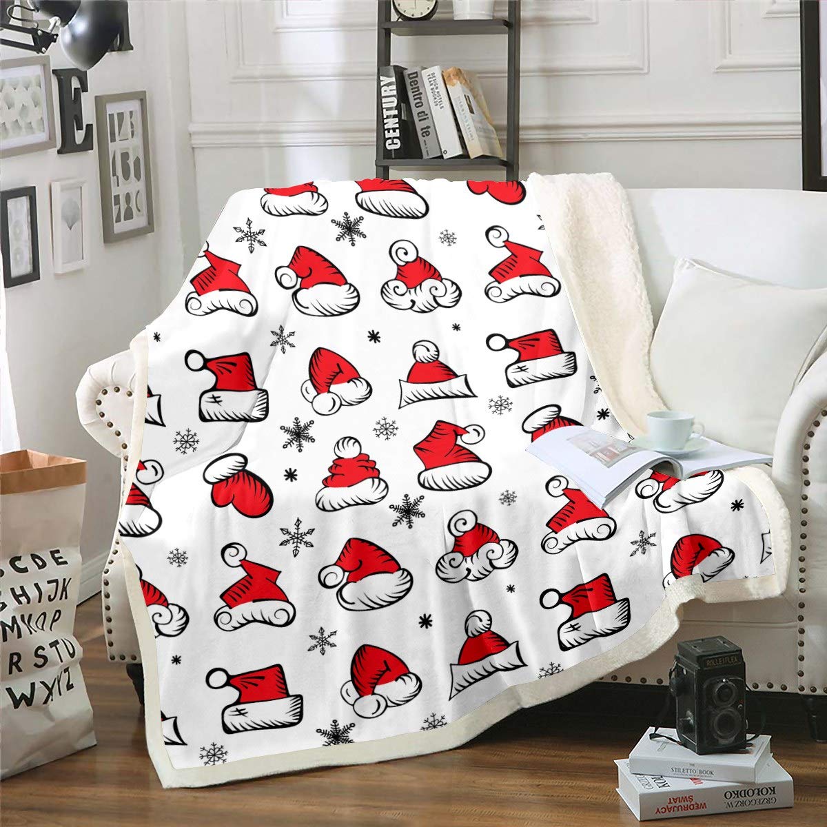 Cozy Christmas Fleece Blanket for Kids - Santa Hat & Snowflake Print Sherpa Throw Blanket 50x60 Inches - Warm Winter Plush Blanket for Boys Girls, Holiday Decor & Gift