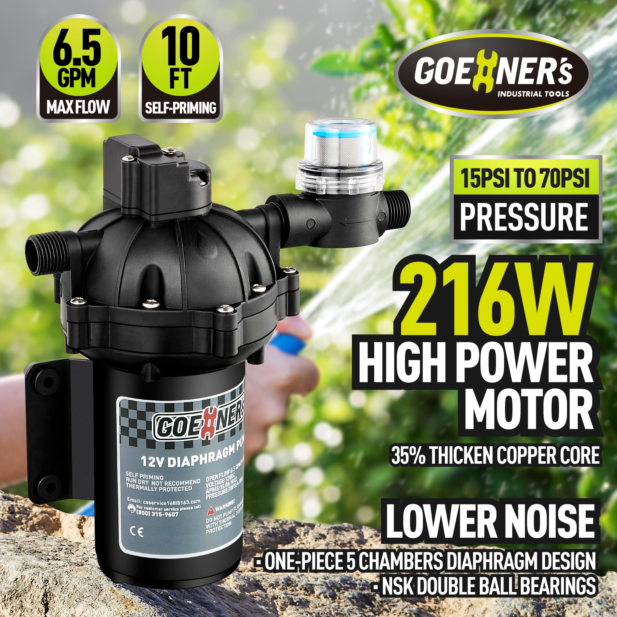 Upgraded 12V DC Fresh Water Pump with Spray Gun - 6.5GPM 70PSI 5-Chamber Self-Priming Diaphragm Pump, Heavy Duty Pressure Switch & Strainer - Perfect for RV, Marine, Off-Grid Water Systems & Agricultural Spraying
