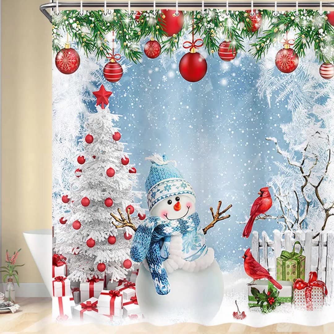 Waterproof Christmas Snowman Shower Curtain Set with Non-Slip Bath Rugs, Toilet Lid Cover & Bath Mat - Holiday Bathroom Decor Accessories for Festive Home Decor