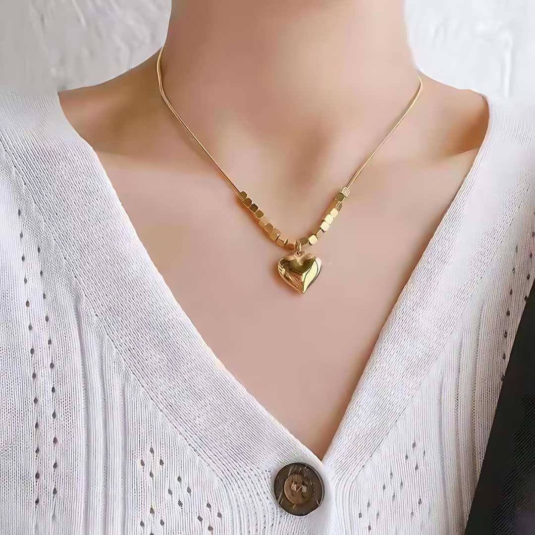 2-Way Heart Pendant Gold Cube Layering Necklace for Women - Elegant Minimalist Jewelry Gift for Valentine's Day, Anniversary & Everyday Wear | R2108