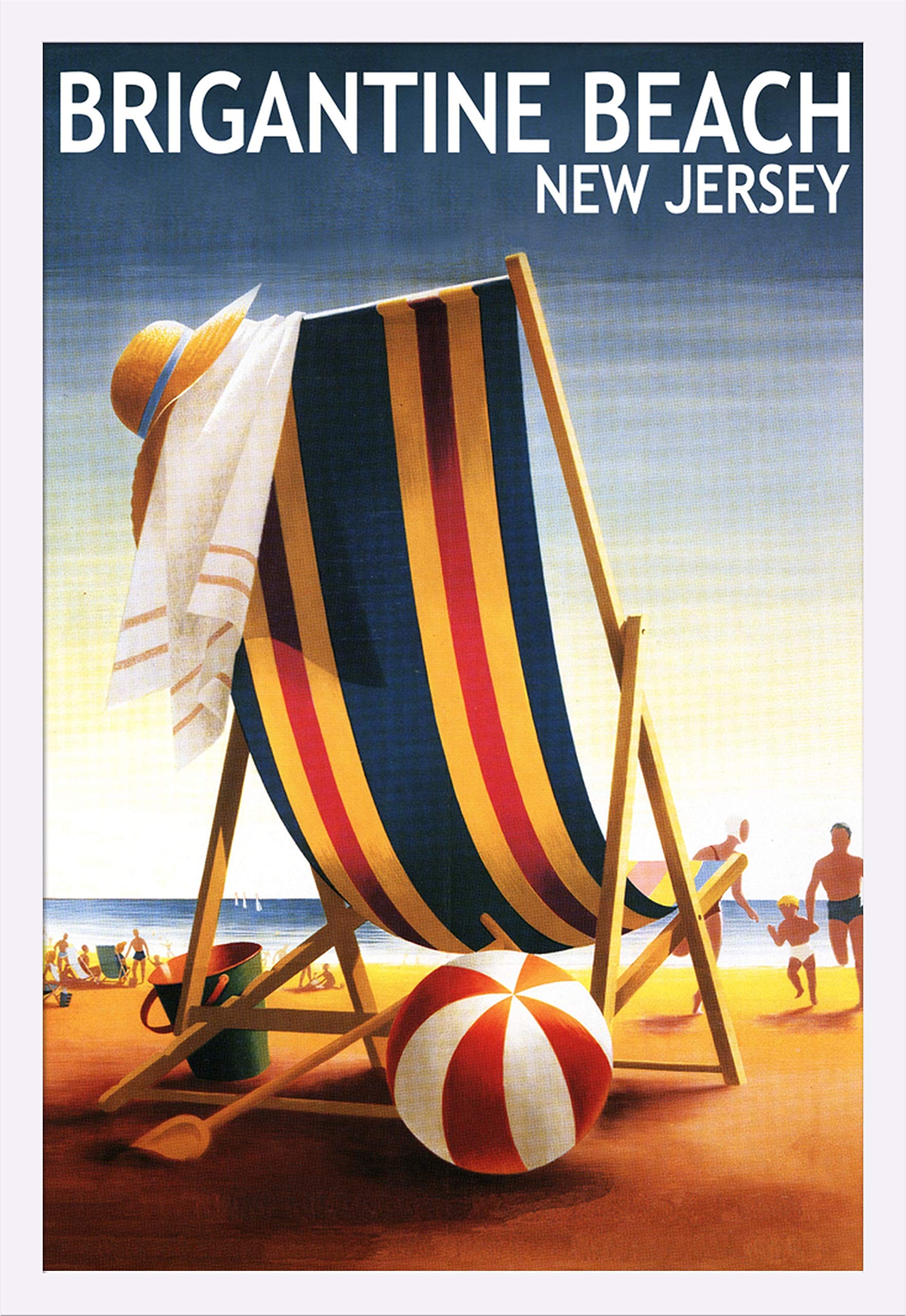 Brigantine Beach New Jersey Beach Chair and Ball 55138 - 24x36 Giclee Art Print, Gallery Framed in White Wood - Coastal Wall Decor for Living Room, Bedroom or Office