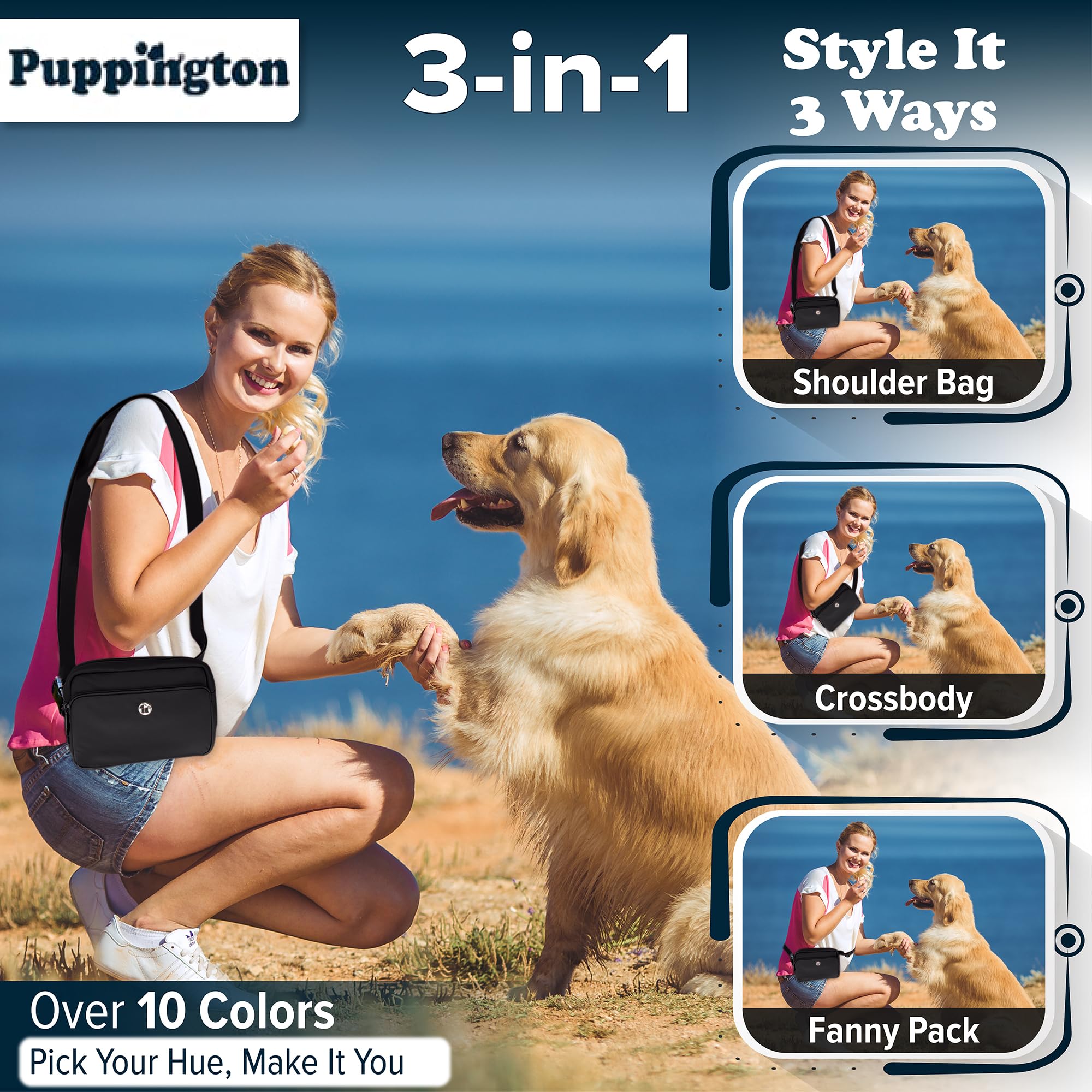 3-in-1 Crossbody Bag & Dog Treat Pouch for Pet Training - Waterproof Dog Walking Bag with Built-In Poop Bag Dispenser & Zippered Pockets - Perfect for Office Commute, Park Visits & Off-Leash Adventures (Onyx Black)