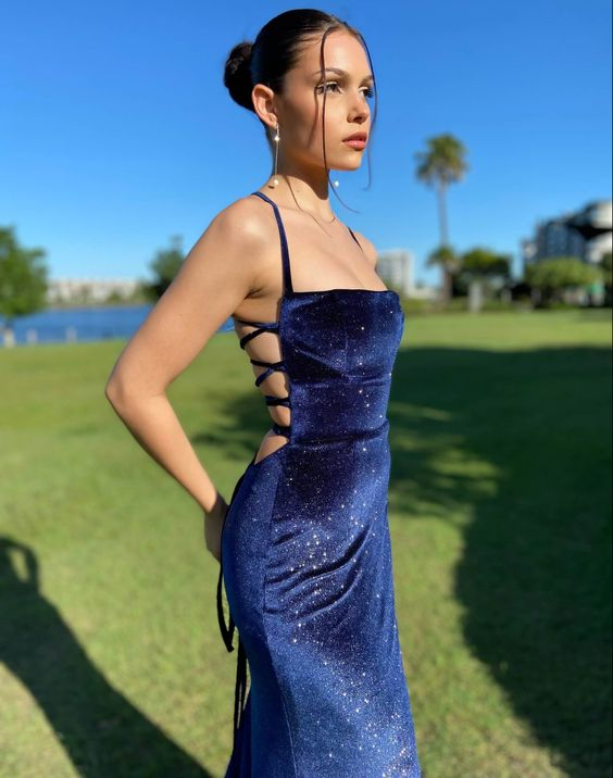 Elegant Navy Blue Velvet Sheath Long Prom Dress 2303 | Formal Evening Gown for Homecoming, Ball & Special Occasions