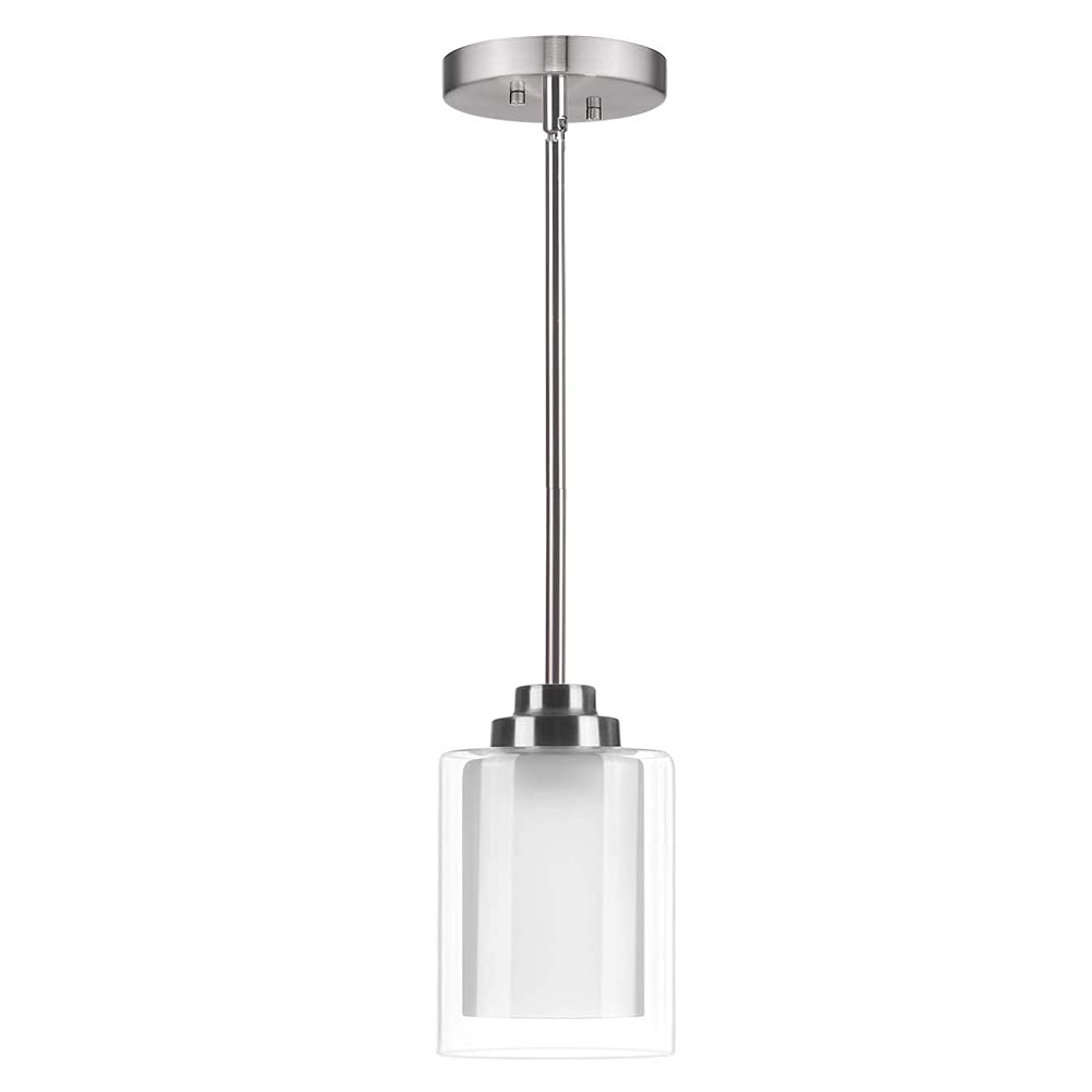 Modern Adjustable Pendant Light with Dual Glass Shade in Brushed Nickel - 1-Light Hanging Ceiling Fixture for Kitchen, Bedroom, Living Room & Dining Room | Perfect for Kitchen Islands, Breakfast Bars and Dining Tables