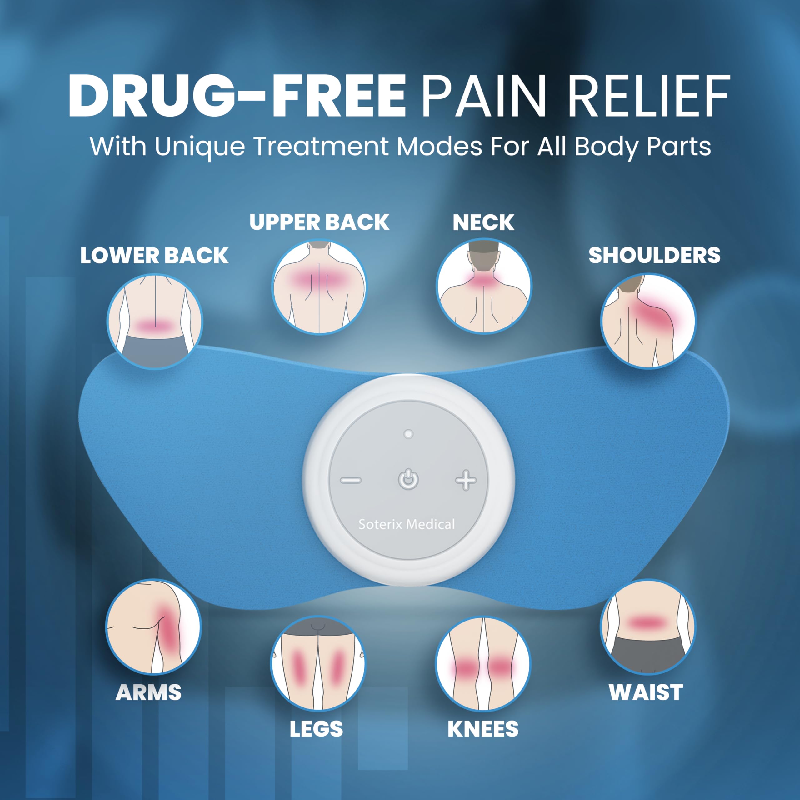 PainX Wireless TENS Unit & EMS Muscle Stimulator for Back Pain Relief - Rechargeable Electrode Pads with Remote Control for Neck, Knee, Face Pain - Portable Pain Relief Device for Home, Office & Travel Use