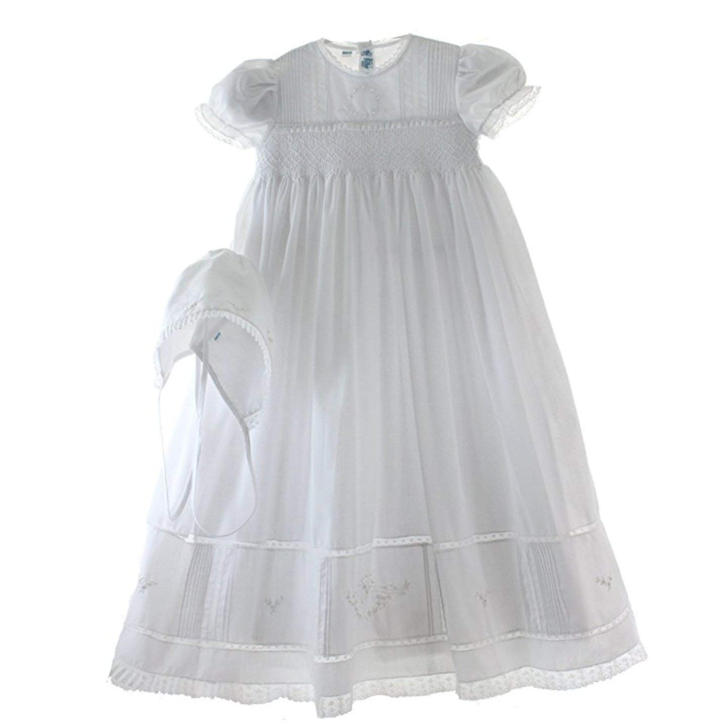 Girls White Smocked Christening Baptism Gown & Bonnet Set with Pearls - 9-12 Months - Perfect for Baby Baptism, Christening Ceremony & First Communion