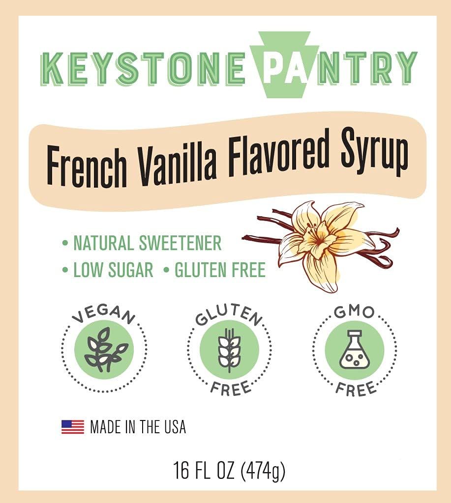 Keystone Pantry French Vanilla Flavored Syrup - 1 Pint Bottle | Natural Sweetener, Low Sugar, Gluten-Free, Vegan, Non-GMO, Kosher Parve | Perfect for Coffee, Tea, Baking & Desserts