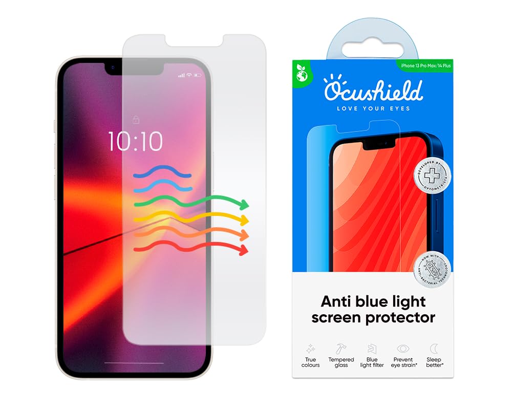 Ocushield Anti Blue Light Tempered Glass Screen Protector for iPhone 13/13 Pro/14 (6.1 Inch) - Eye Protection, Reduce Migraines & Improve Sleep - Perfect for Night Use, Gaming & Office Work