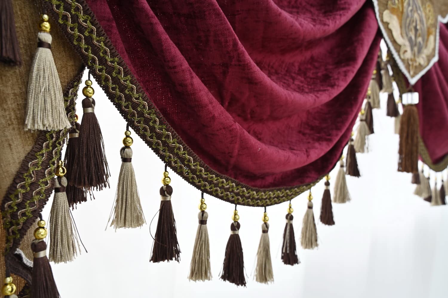 European Brown Burgundy Waterfall Valance with Tassel - Chenille Curtain Swag for Living Room Windows - Elegant Home Decor for Bedroom & Dining Room
