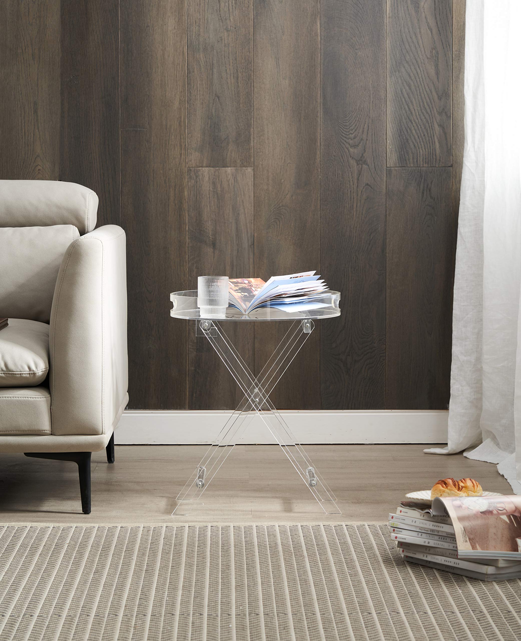 Clear Acrylic Small Folding Table - 16x16 Inch Round Tray Drink Table with 20 Inch Height | Portable Side Table for Office, Living Room & Bedroom | Perfect for Coffee, Snacks, Books & Nightstand Use
