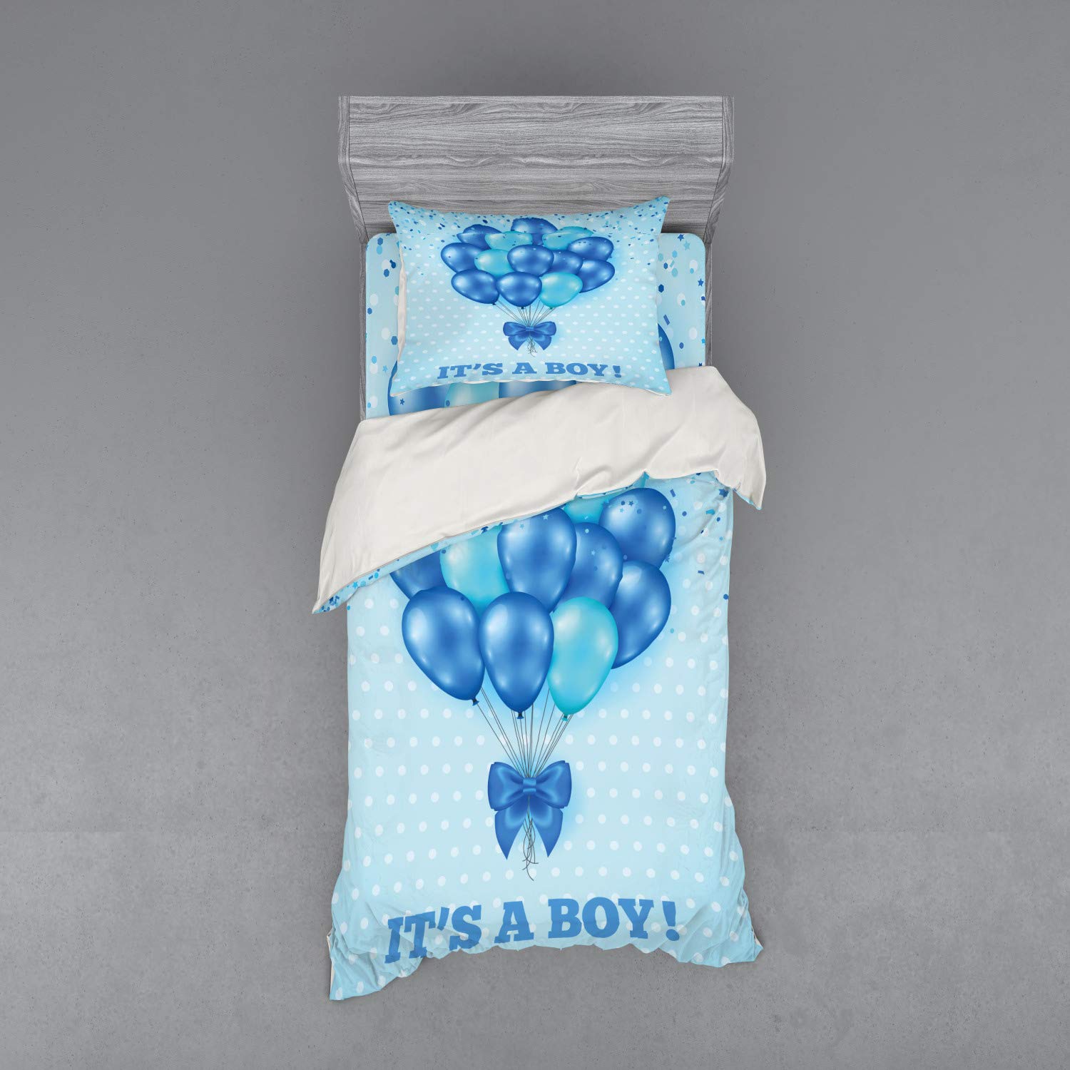 Ambesonne Blue Balloon Bedding Set - 3 Piece Duvet Cover with Sham & Fitted Sheet, Twin XL Size, Sky Blue Polka Dot Design for Kids Room, Guest Bedroom & Birthday Party Decor