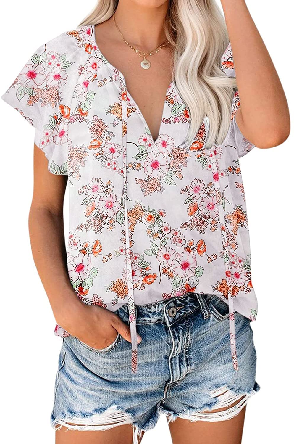 Women's Summer V-Neck Ruffle Sleeve Chiffon Blouse - Flowy Casual Shirt for Women - Perfect for Beach, Office & Date Night Outfits