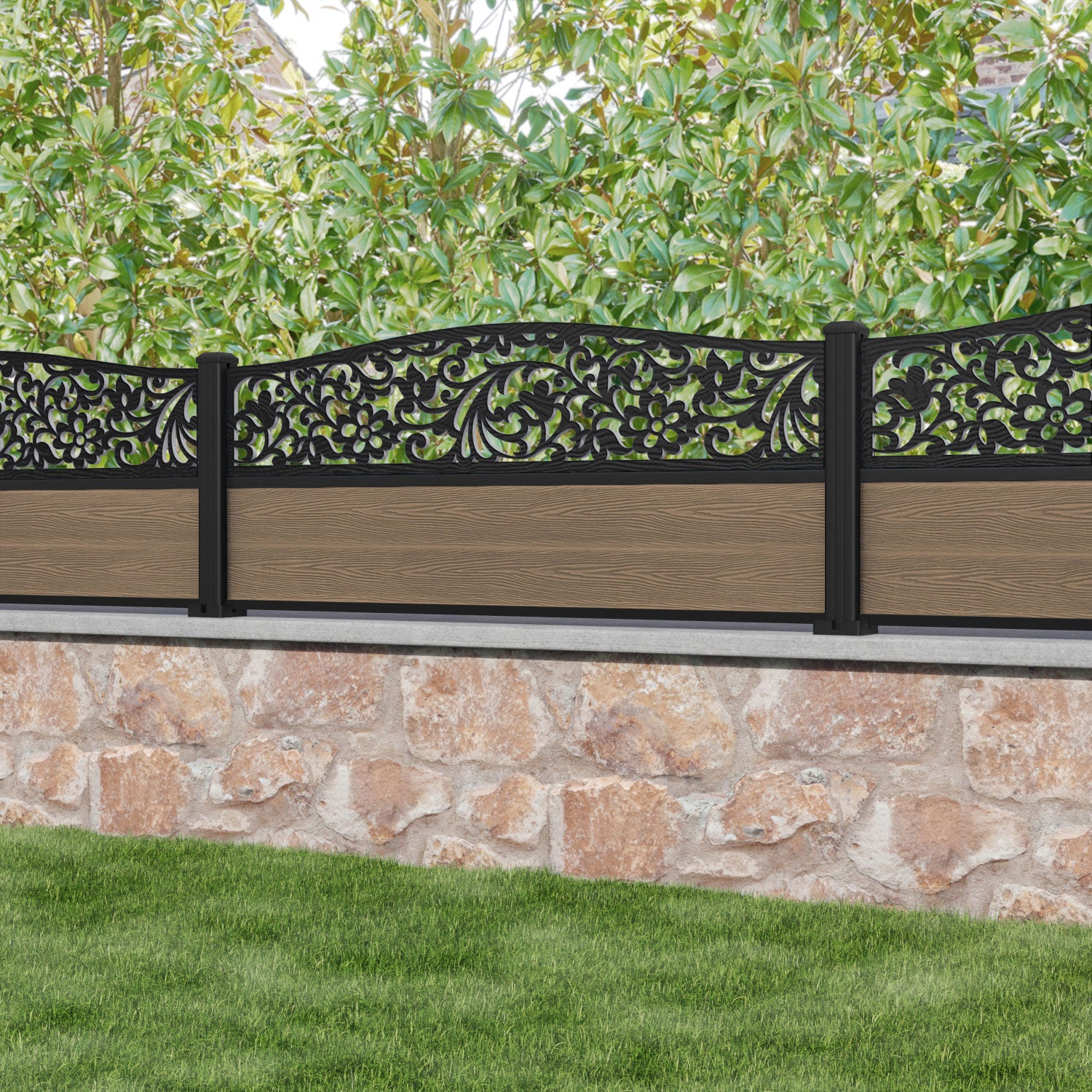 Classic Eden Curved Top Teak Wood Fence Panel with Aluminum Posts - Perfect for Garden, Patio, and Backyard Privacy Fencing