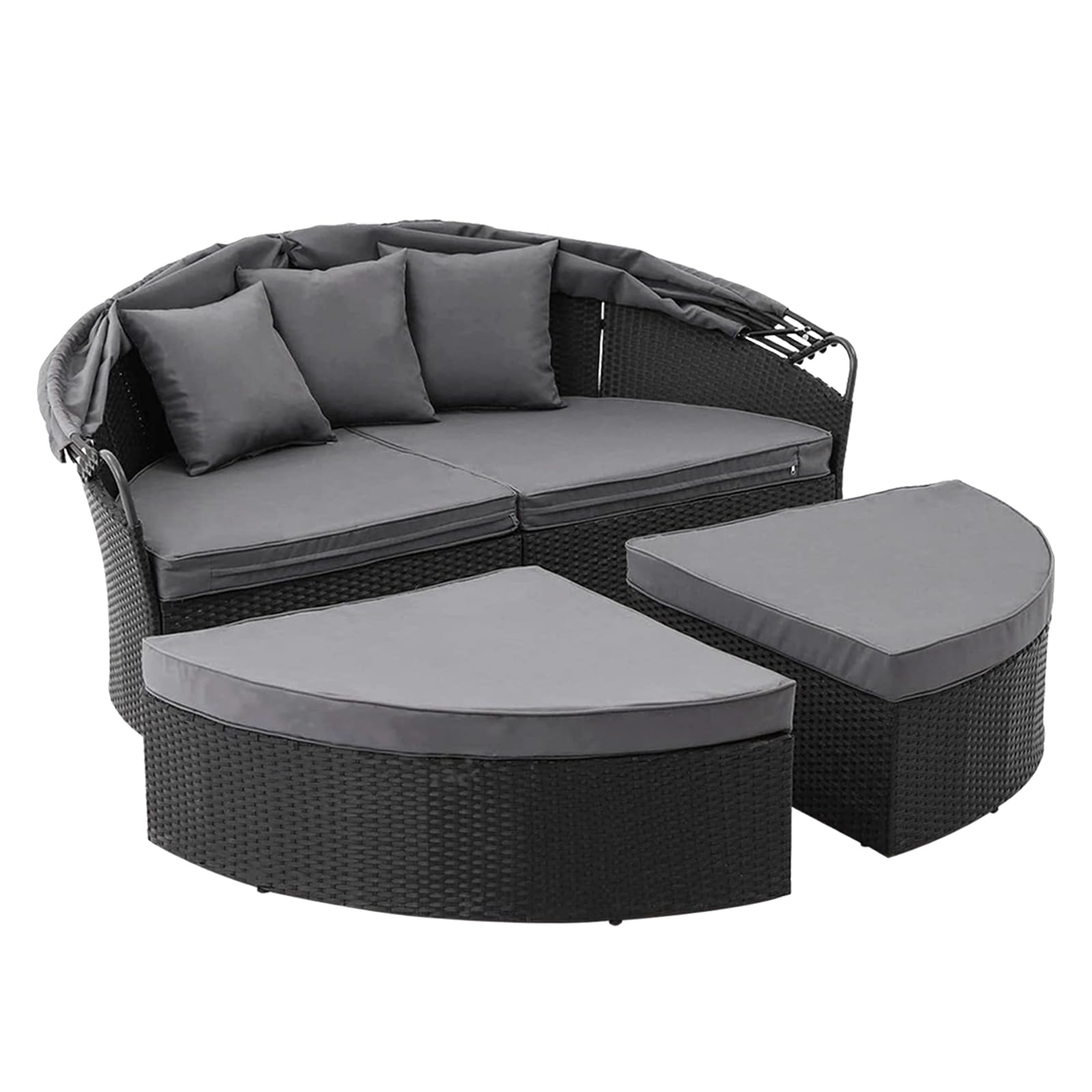 Crownland Outdoor Patio Canopy Bed - Round Wicker Daybed with Washable Cushions & Retractable Canopy, Clamshell Sectional Seating Furniture for Backyard, Porch, Poolside Relaxation (Black) - Perfect for Lounging, Sunbathing, and Outdoor Entertaining
